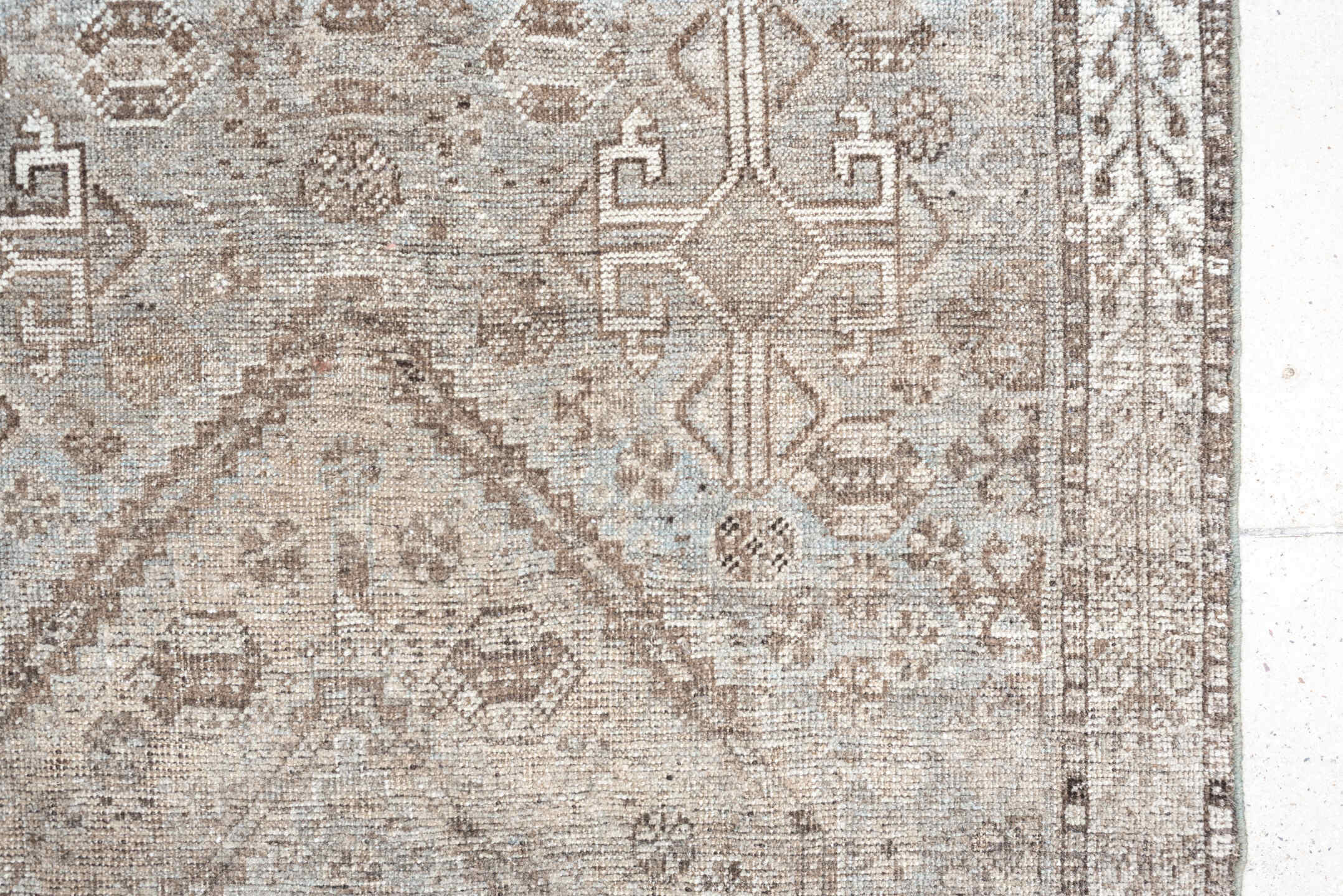 3' x 4' one-of-a-kind handmade antique Shiraz small size rug. Color palette: taupe, ivory, light blue, brown, beige, gray