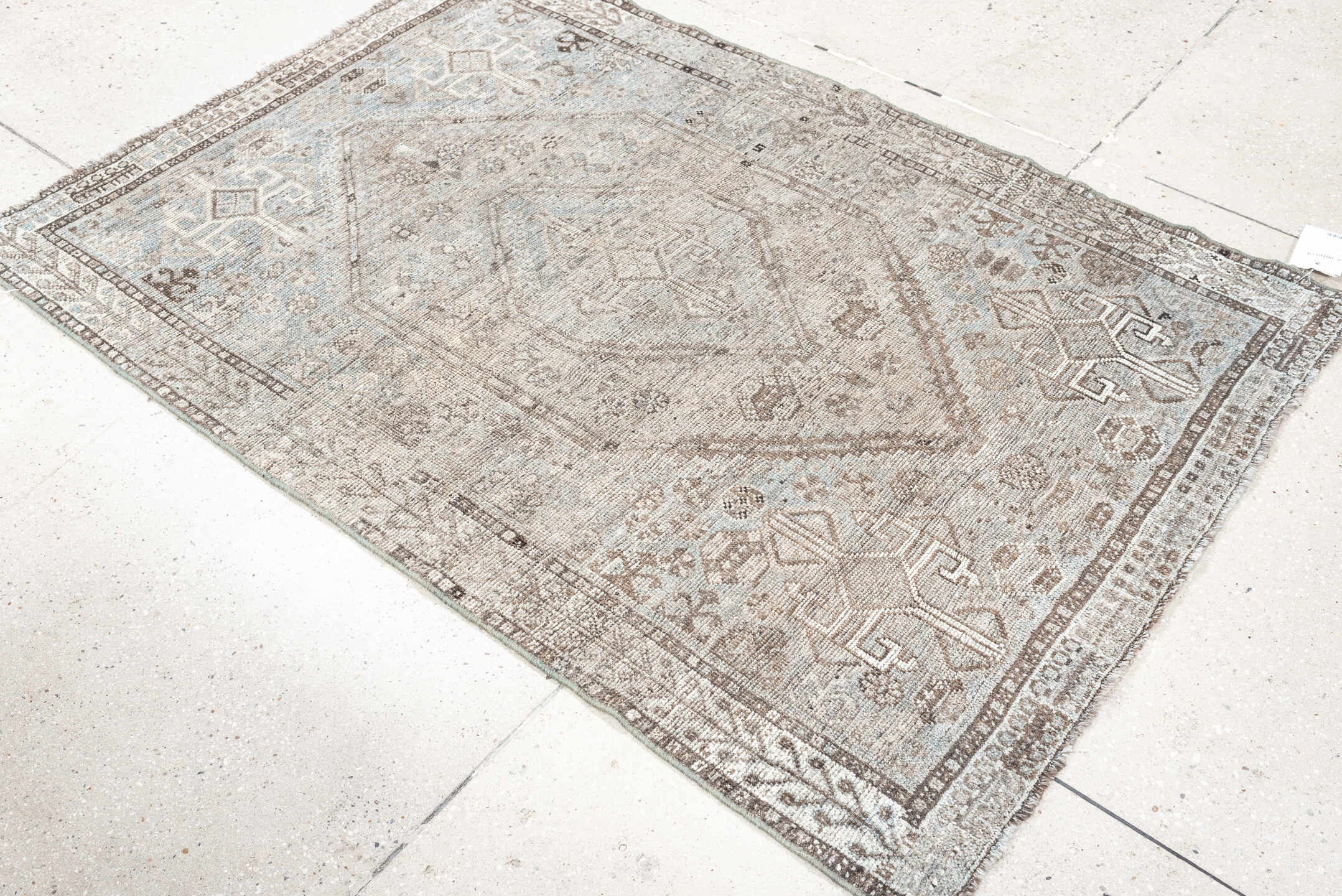 3' x 4' one-of-a-kind handmade antique Shiraz small size rug. Color palette: taupe, ivory, light blue, brown, beige, gray