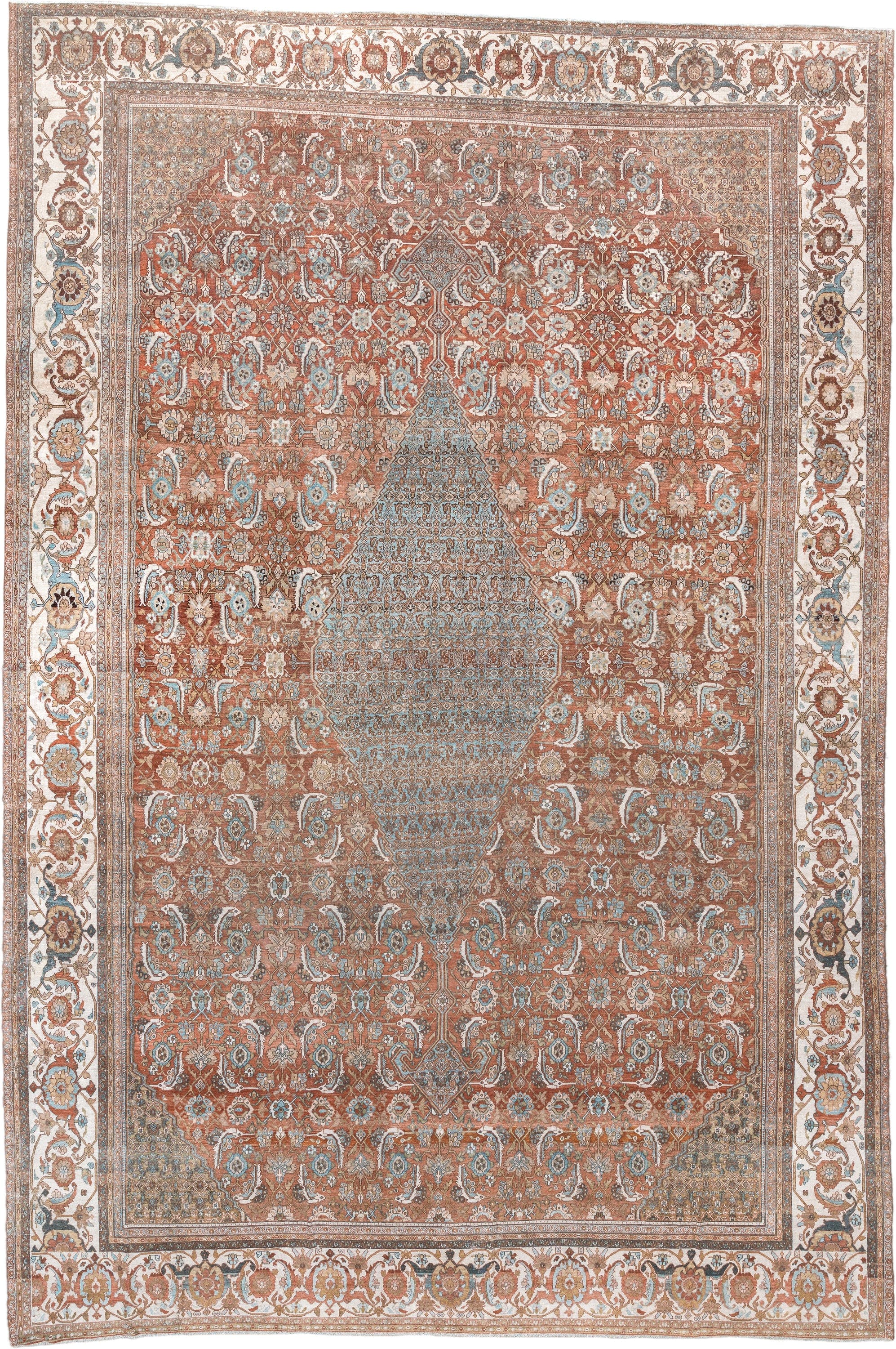 13' x 19' one-of-a-kind handmade antique Bibikabad oversize rug. Color palette: terra cotta, ivory, pale blue, taupe, camel