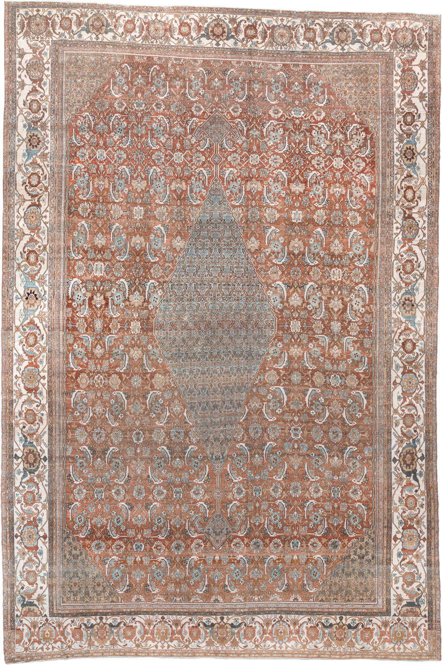 13' x 19' one-of-a-kind handmade antique Bibikabad oversize rug. Color palette: terra cotta, ivory, pale blue, taupe, camel