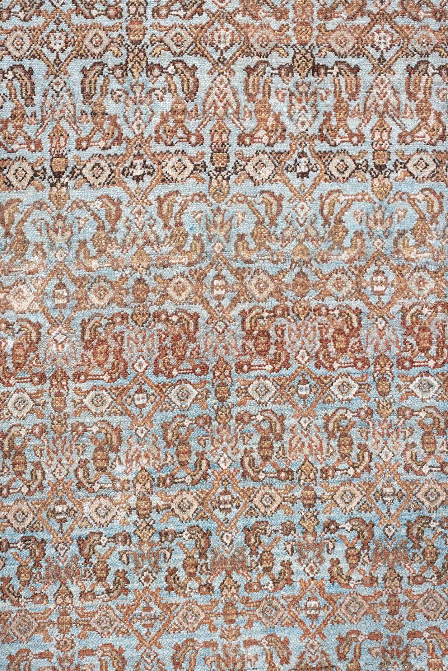 13' x 19' one-of-a-kind handmade antique Bibikabad oversize rug. Color palette: terra cotta, ivory, pale blue, taupe, camel