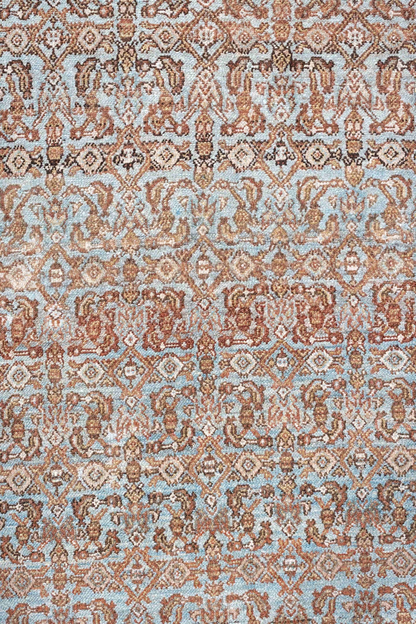13' x 19' one-of-a-kind handmade antique Bibikabad oversize rug. Color palette: terra cotta, ivory, pale blue, taupe, camel
