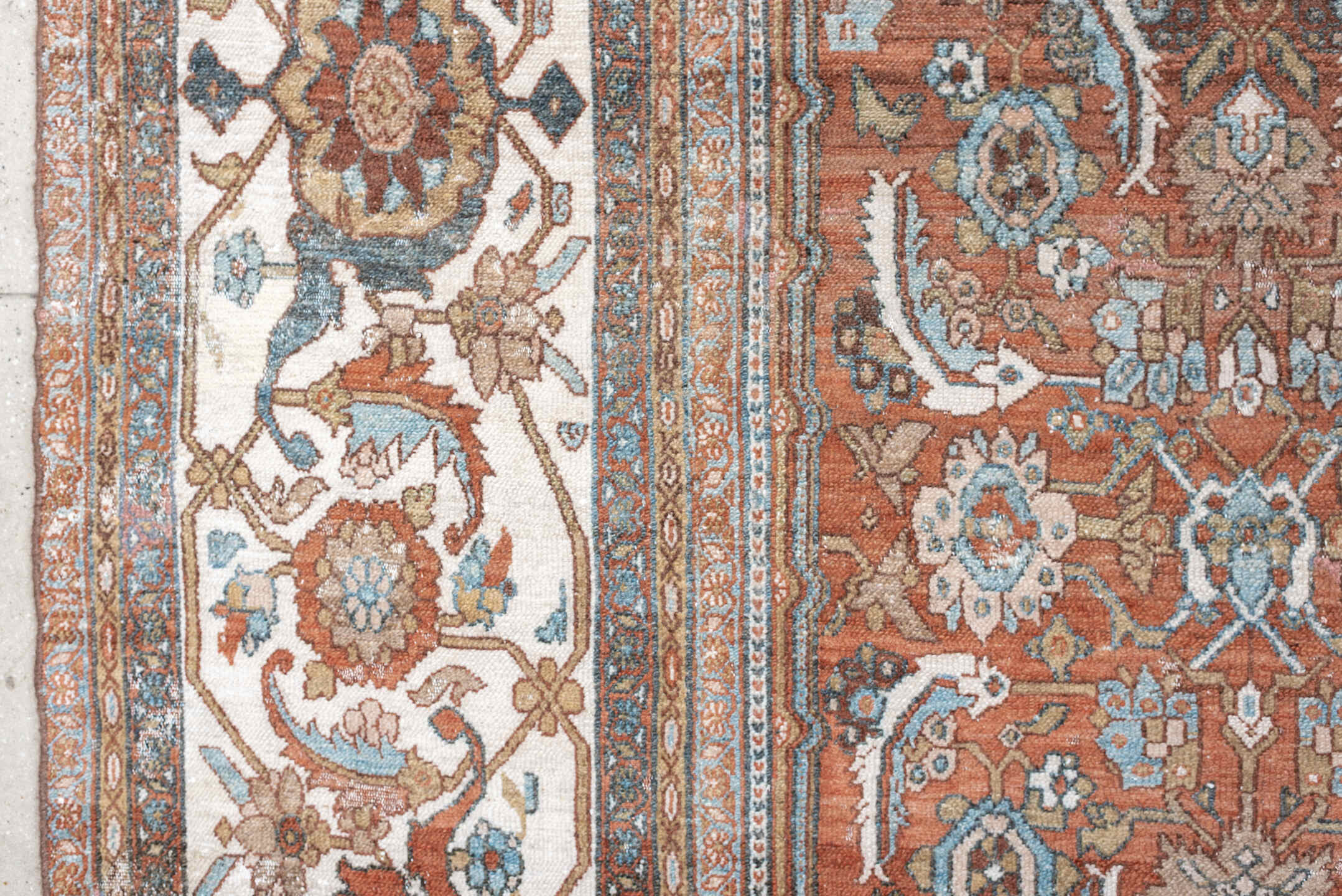 13' x 19' one-of-a-kind handmade antique Bibikabad oversize rug. Color palette: terra cotta, ivory, pale blue, taupe, camel