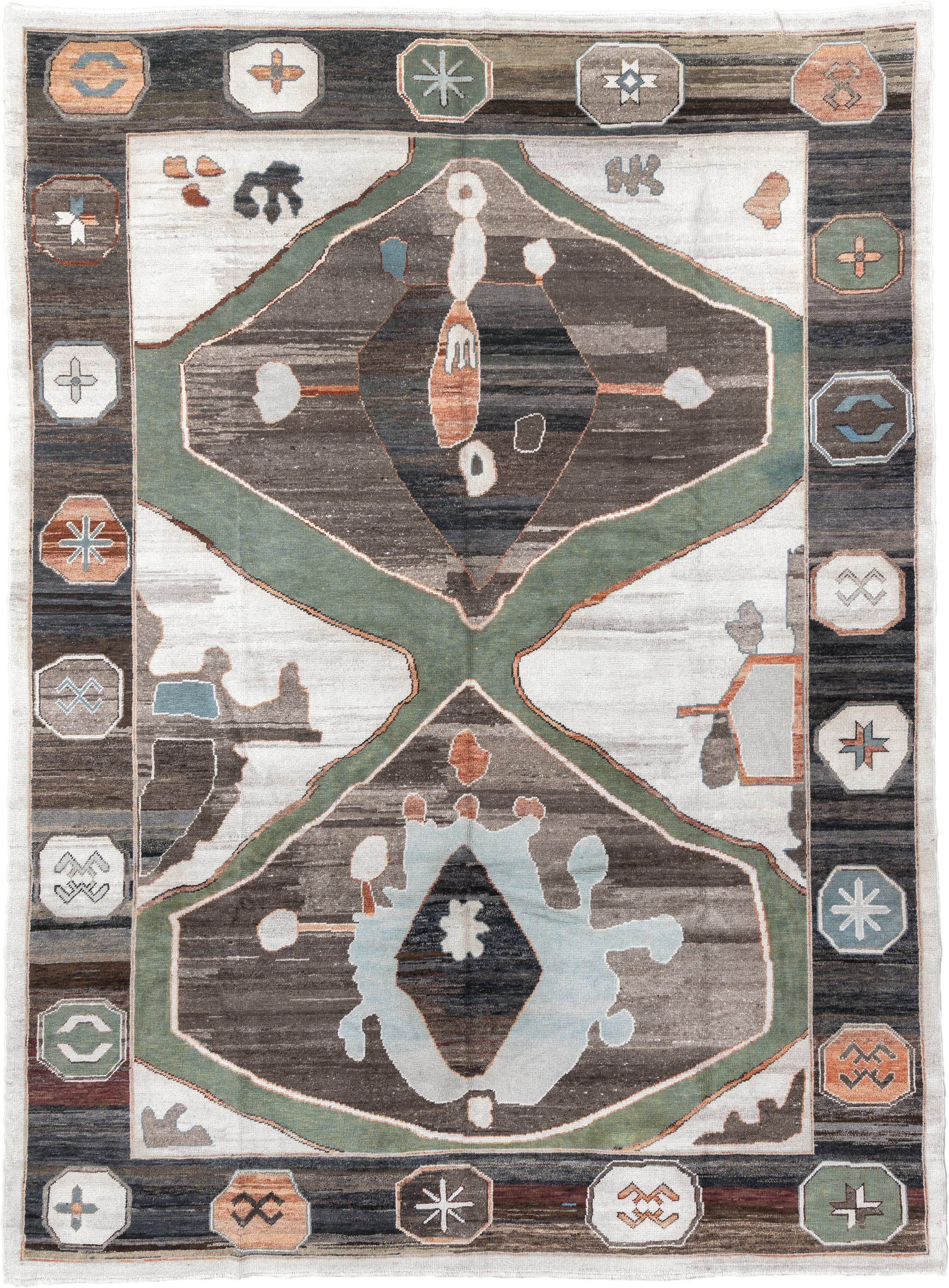 9' x 13' one-of-a-kind handmade vintage Kars large size rug. Color palette: ivory, charcoal, sage, slate, terra cotta
