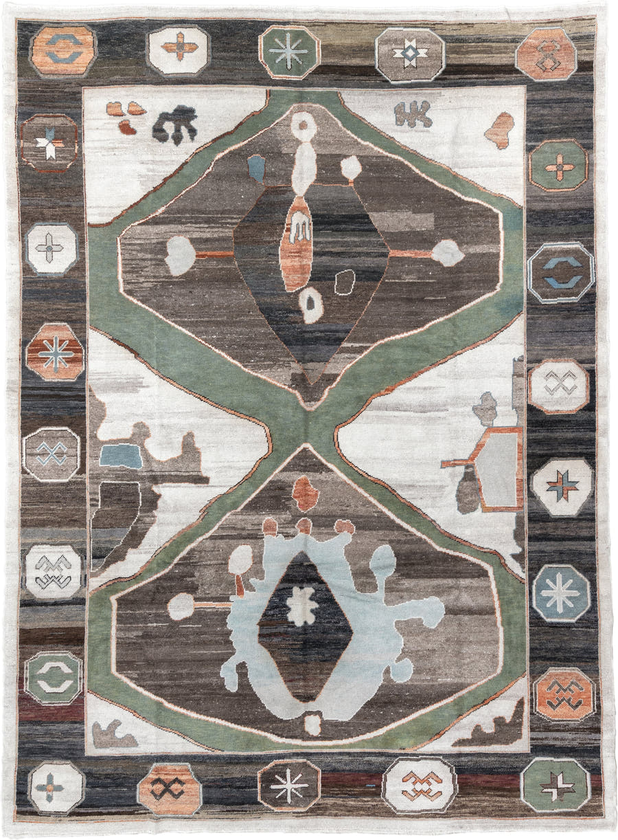 9' x 13' one-of-a-kind handmade vintage Kars large size rug. Color palette: ivory, charcoal, sage, slate, terra cotta