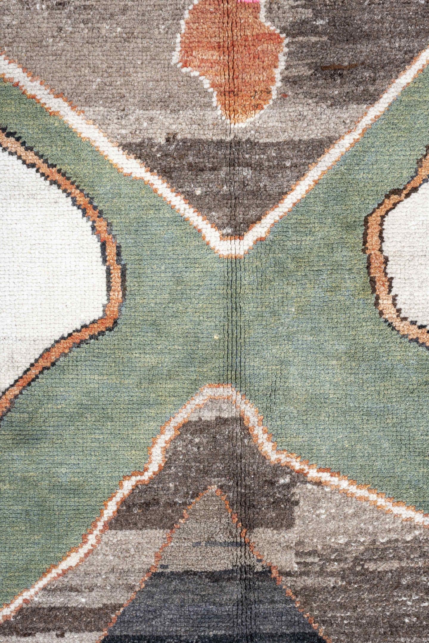 9' x 13' one-of-a-kind handmade vintage Kars large size rug. Color palette: ivory, charcoal, sage, slate, terra cotta