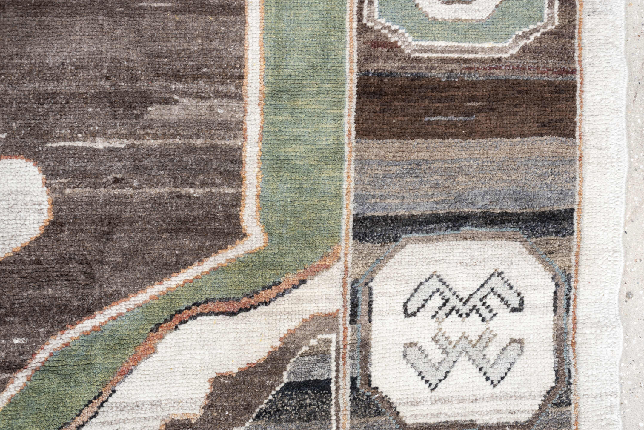9' x 13' one-of-a-kind handmade vintage Kars large size rug. Color palette: ivory, charcoal, sage, slate, terra cotta