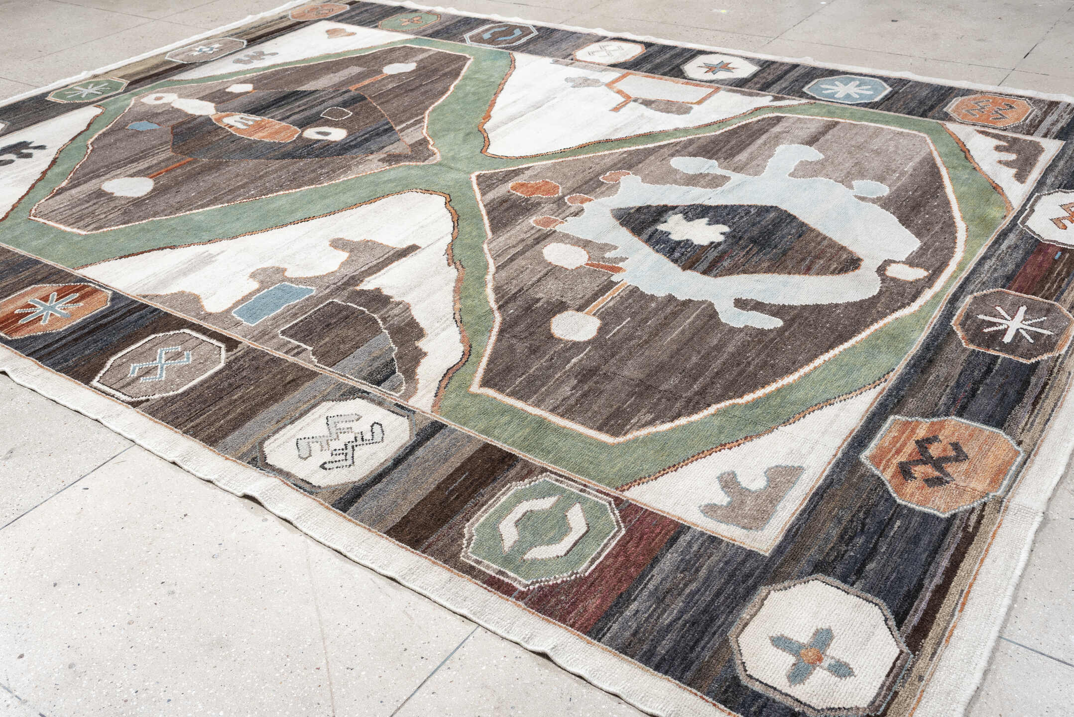 9' x 13' one-of-a-kind handmade vintage Kars large size rug. Color palette: ivory, charcoal, sage, slate, terra cotta