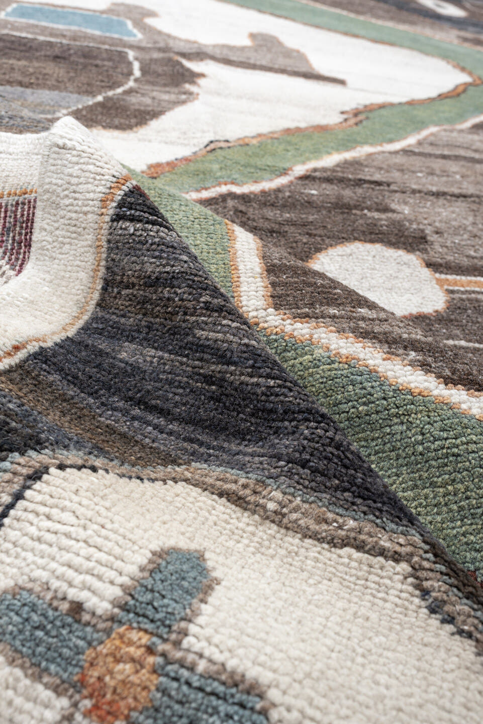 9' x 13' one-of-a-kind handmade vintage Kars large size rug. Color palette: ivory, charcoal, sage, slate, terra cotta