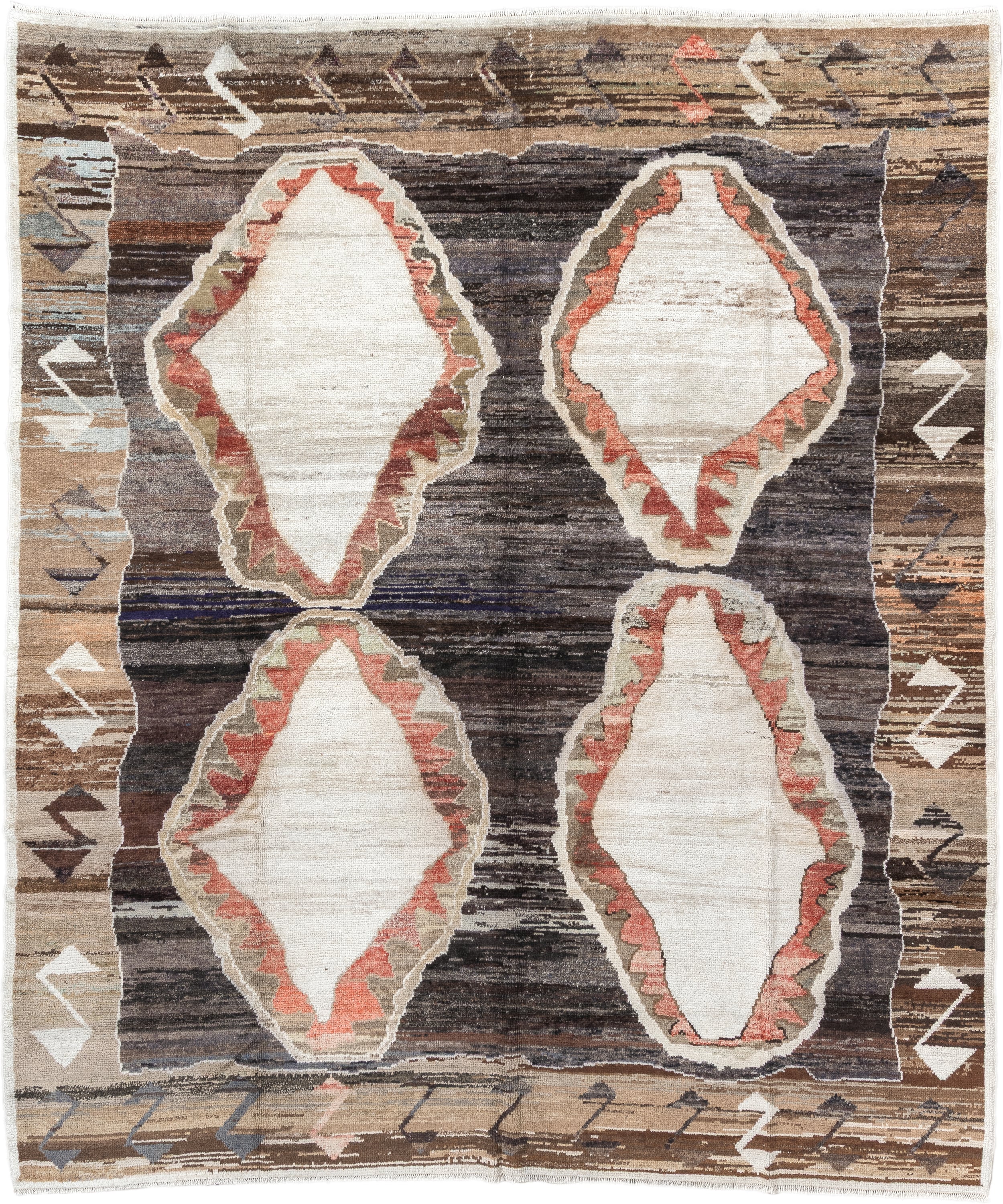 8' x 9' one-of-a-kind handmade antique Kars rug. Color palette: brown, ivory, taupe, charcoal, camel, coral, slate, cream