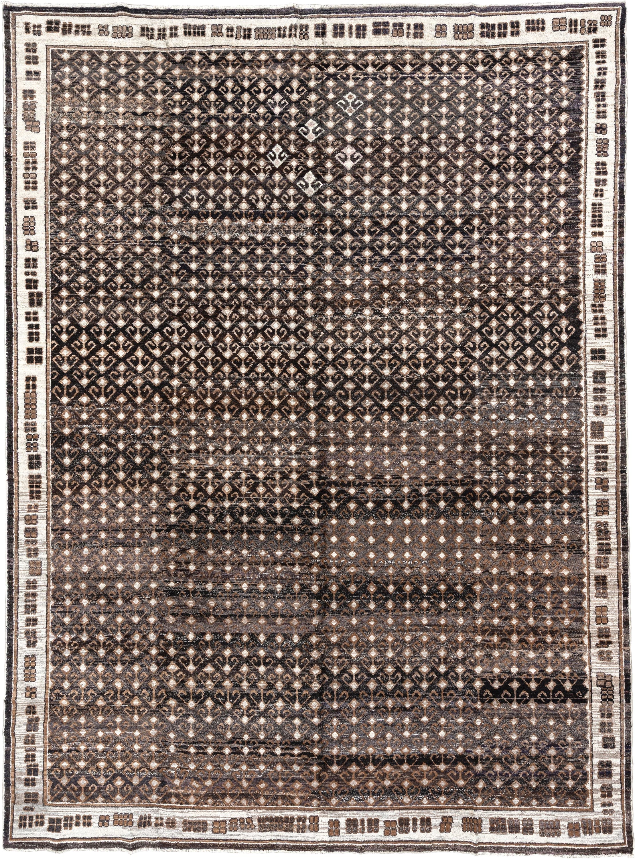 10' x 14' one-of-a-kind handmade vintage Kars oversize rug. Color palette: charcoal, ivory, taupe, brown, camel, gray, black
