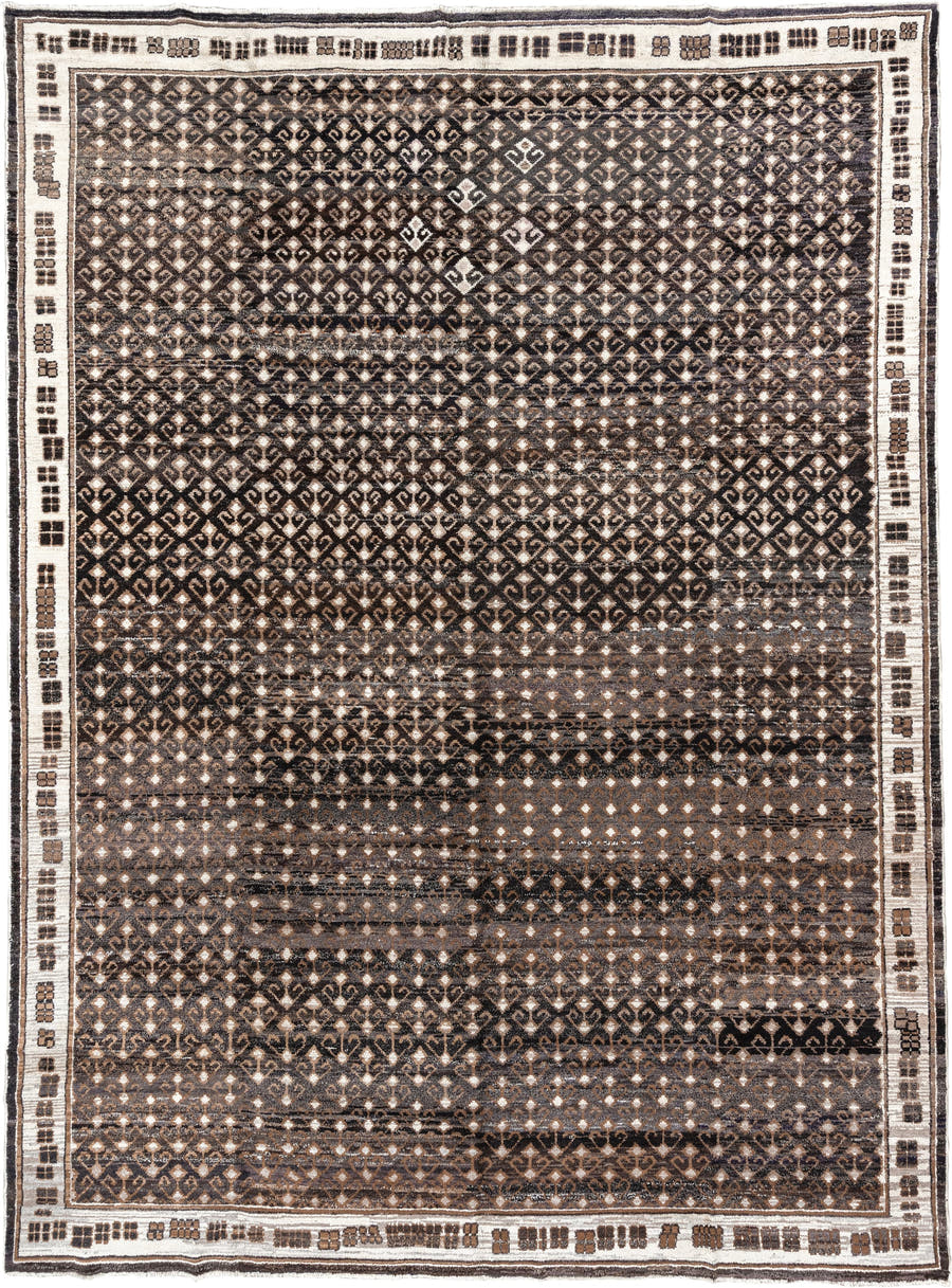 10' x 14' one-of-a-kind handmade vintage Kars oversize rug. Color palette: charcoal, ivory, taupe, brown, camel, gray, black