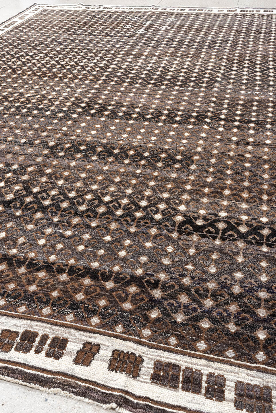10' x 14' one-of-a-kind handmade vintage Kars oversize rug. Color palette: charcoal, ivory, taupe, brown, camel, gray, black