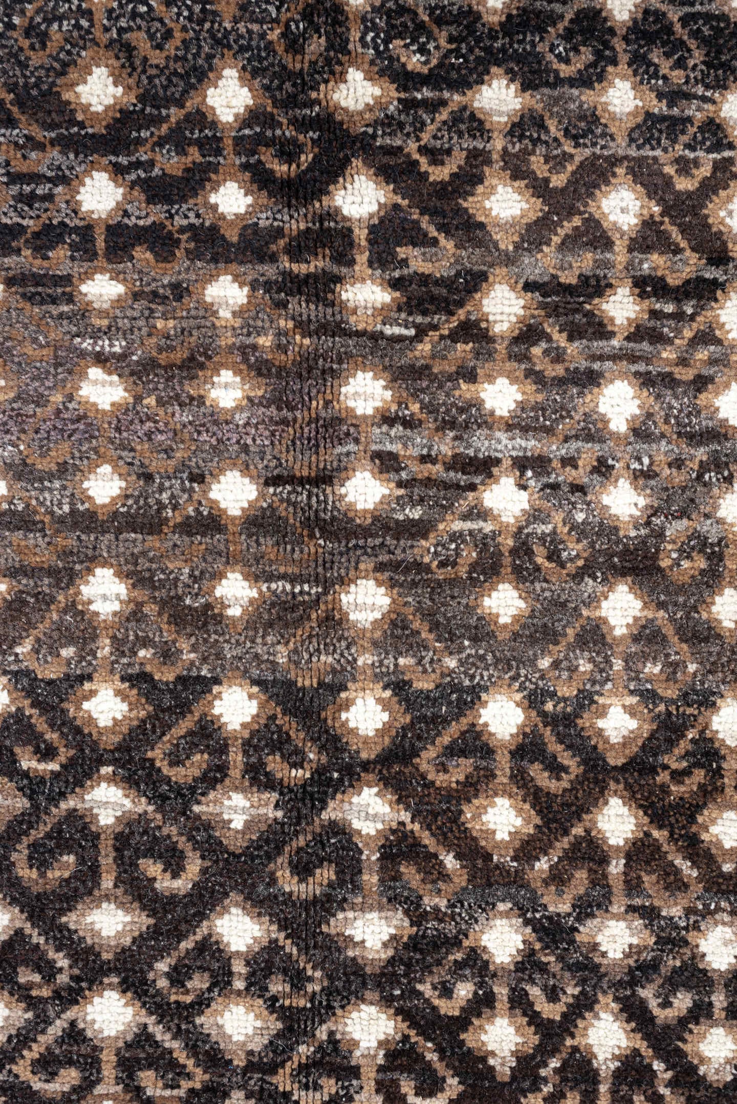 10' x 14' one-of-a-kind handmade vintage Kars oversize rug. Color palette: charcoal, ivory, taupe, brown, camel, gray, black