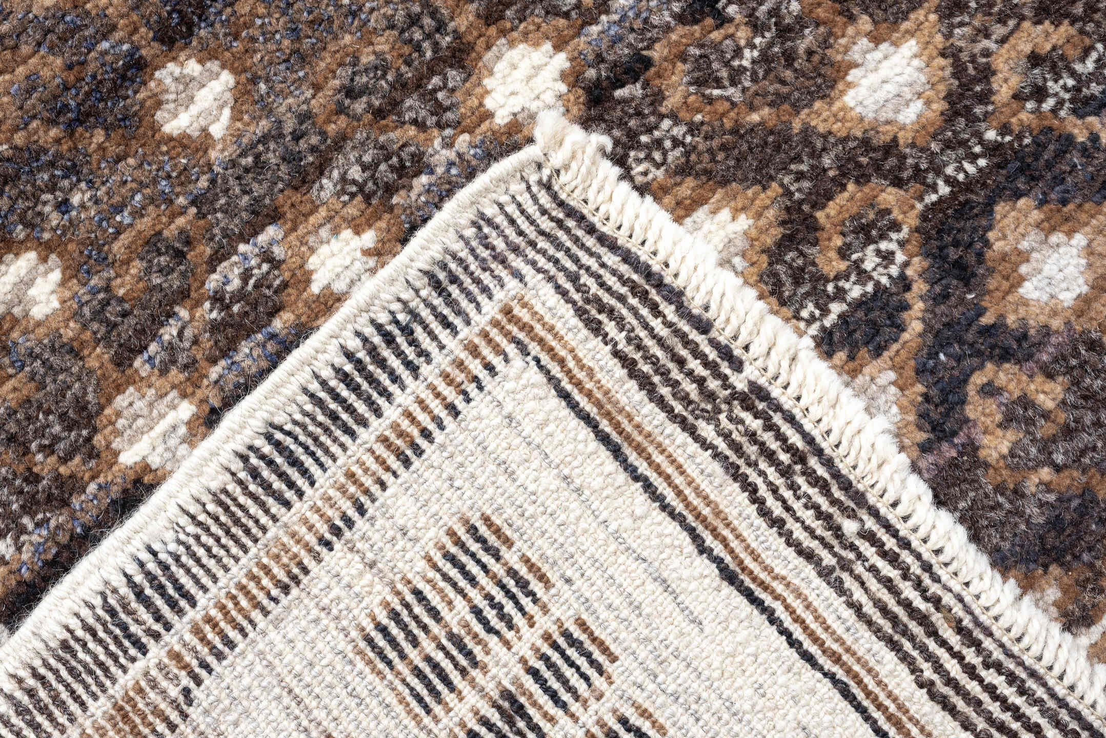 10' x 14' one-of-a-kind handmade vintage Kars oversize rug. Color palette: charcoal, ivory, taupe, brown, camel, gray, black