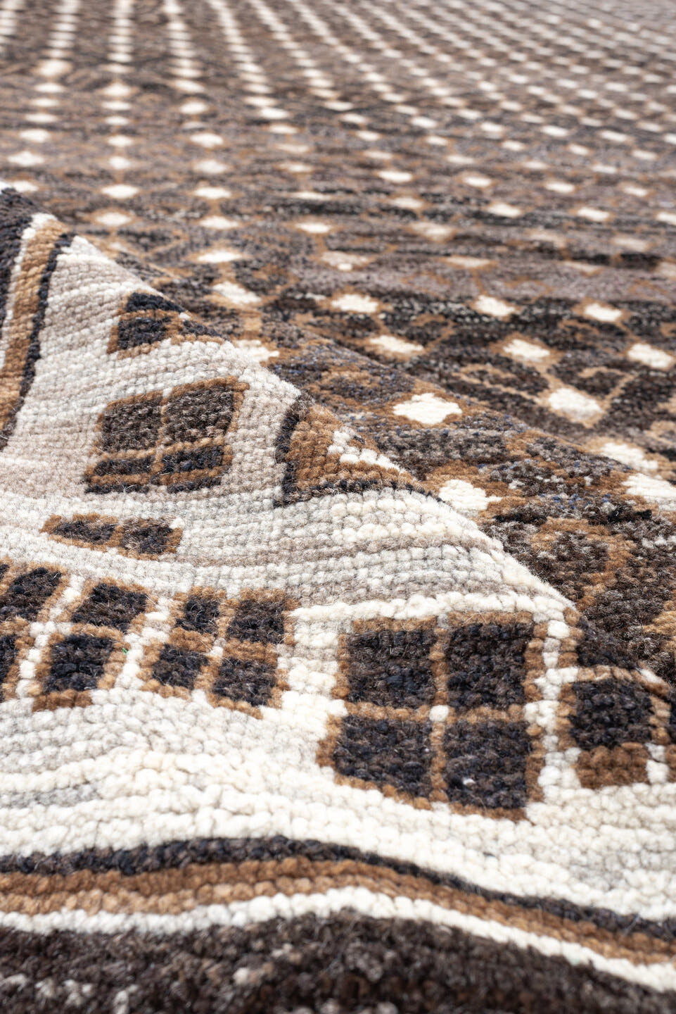 10' x 14' one-of-a-kind handmade vintage Kars oversize rug. Color palette: charcoal, ivory, taupe, brown, camel, gray, black