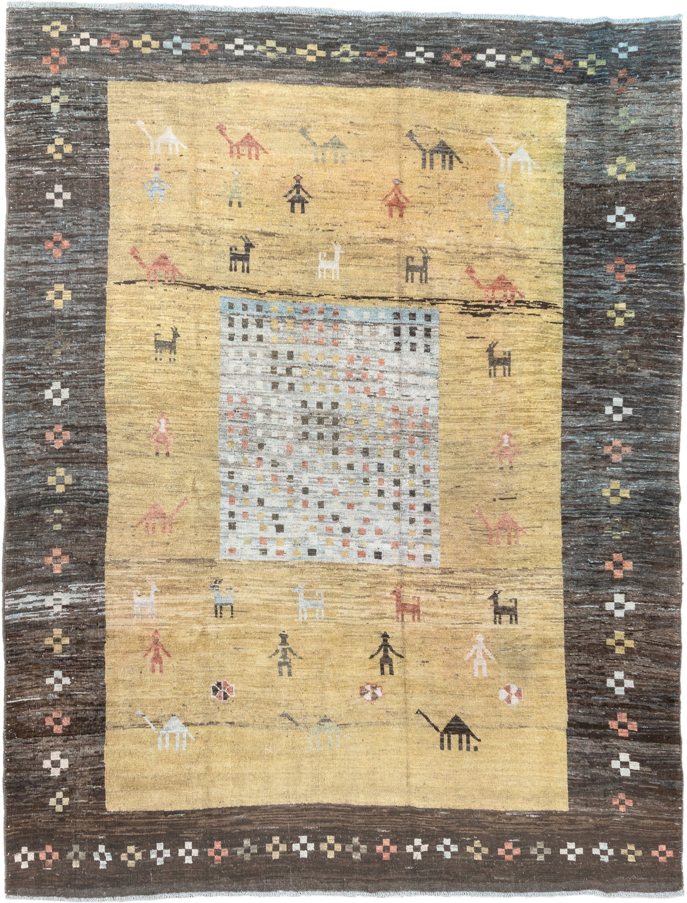 6' x 8' one-of-a-kind handmade antique Gabbe rug. Color palette: gold, charcoal, ivory, camel, coral, slate, sage, rose