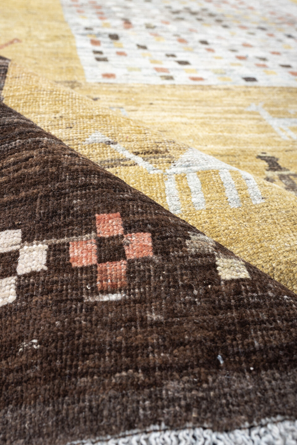 6' x 8' one-of-a-kind handmade antique Gabbe rug. Color palette: gold, charcoal, ivory, camel, coral, slate, sage, rose