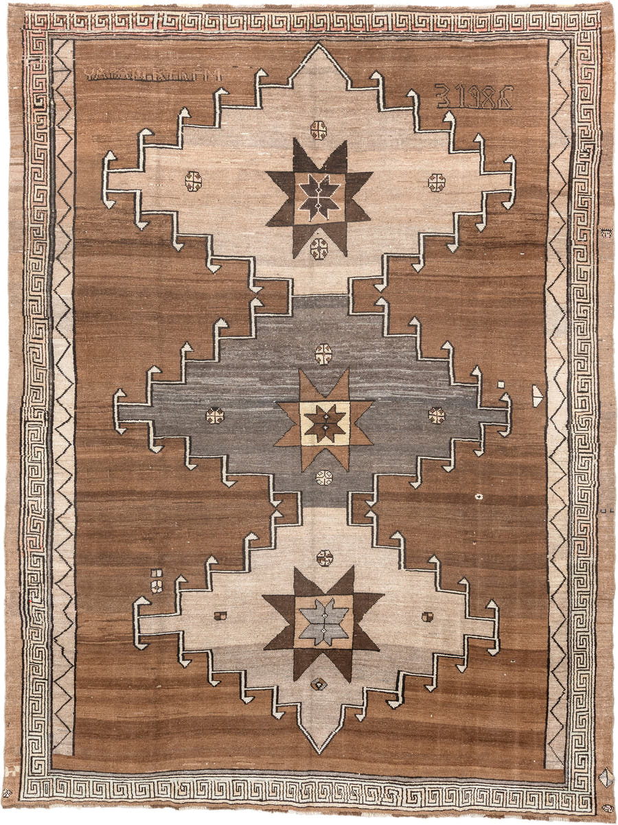 8' x 10' one-of-a-kind handmade antique Kars large size rug. Color palette: camel, ivory, taupe, brown, slate, charcoal