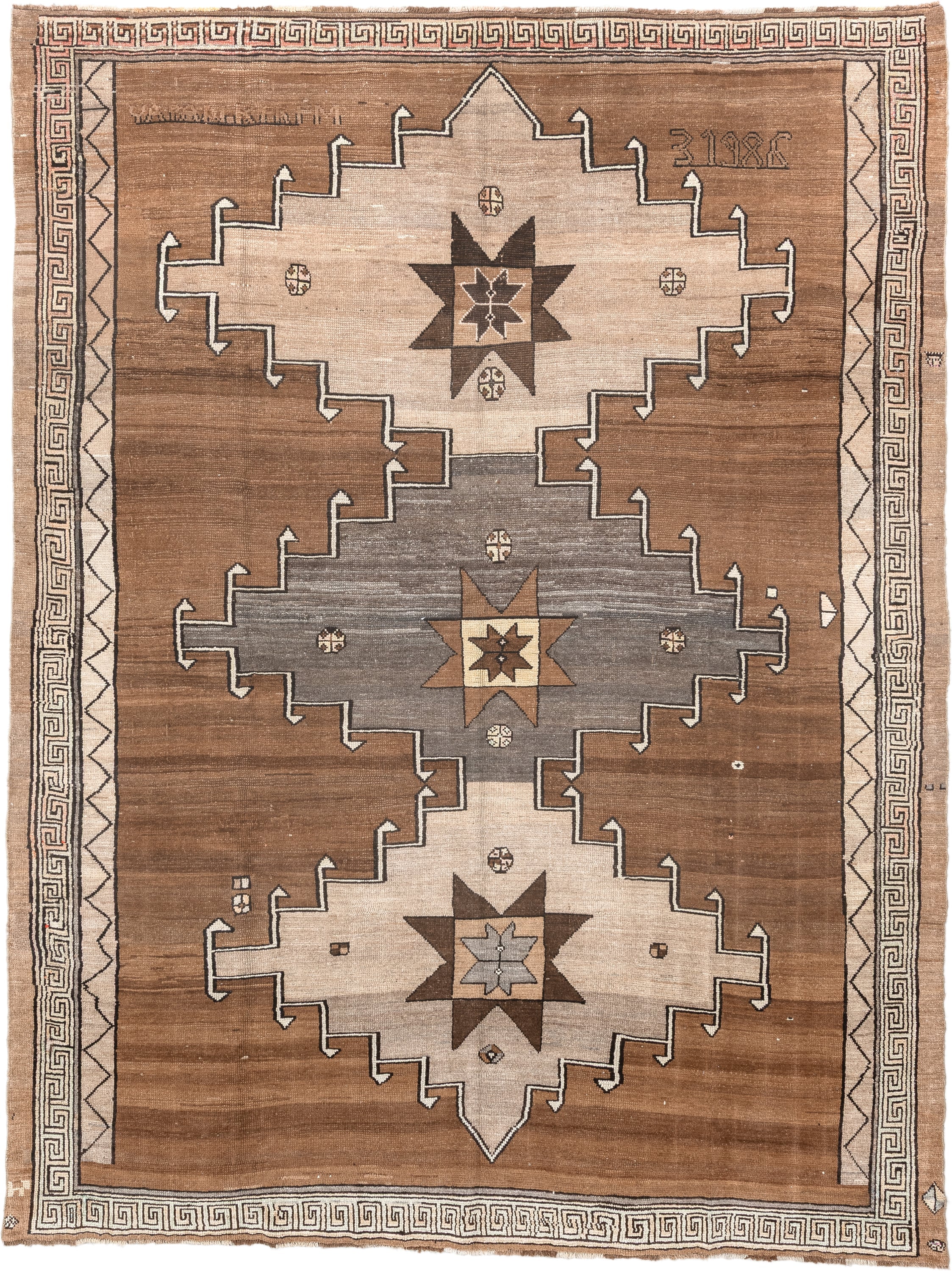8' x 10' one-of-a-kind handmade antique Kars large size rug. Color palette: camel, ivory, taupe, brown, slate, charcoal
