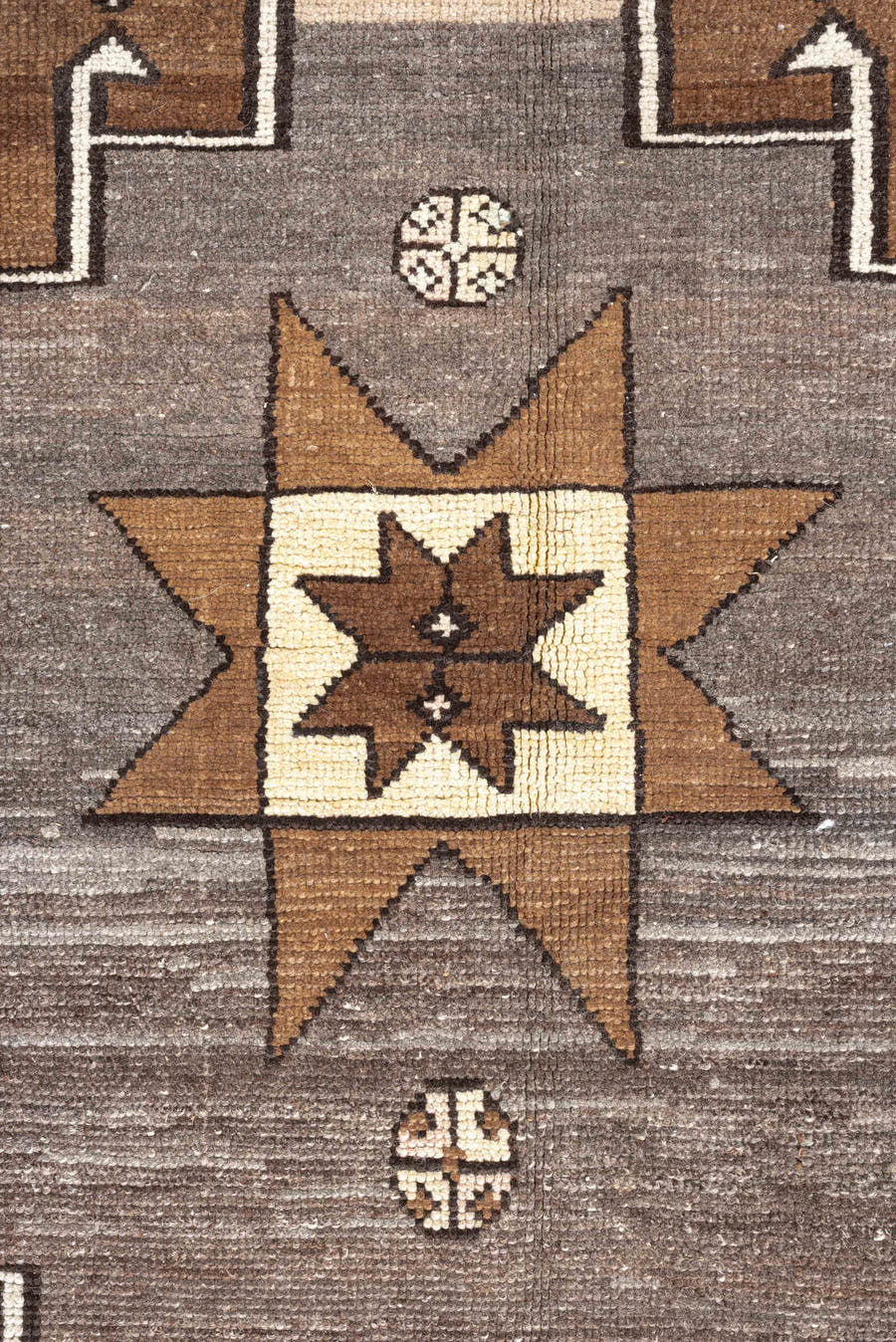 8' x 10' one-of-a-kind handmade antique Kars large size rug. Color palette: camel, ivory, taupe, brown, slate, charcoal