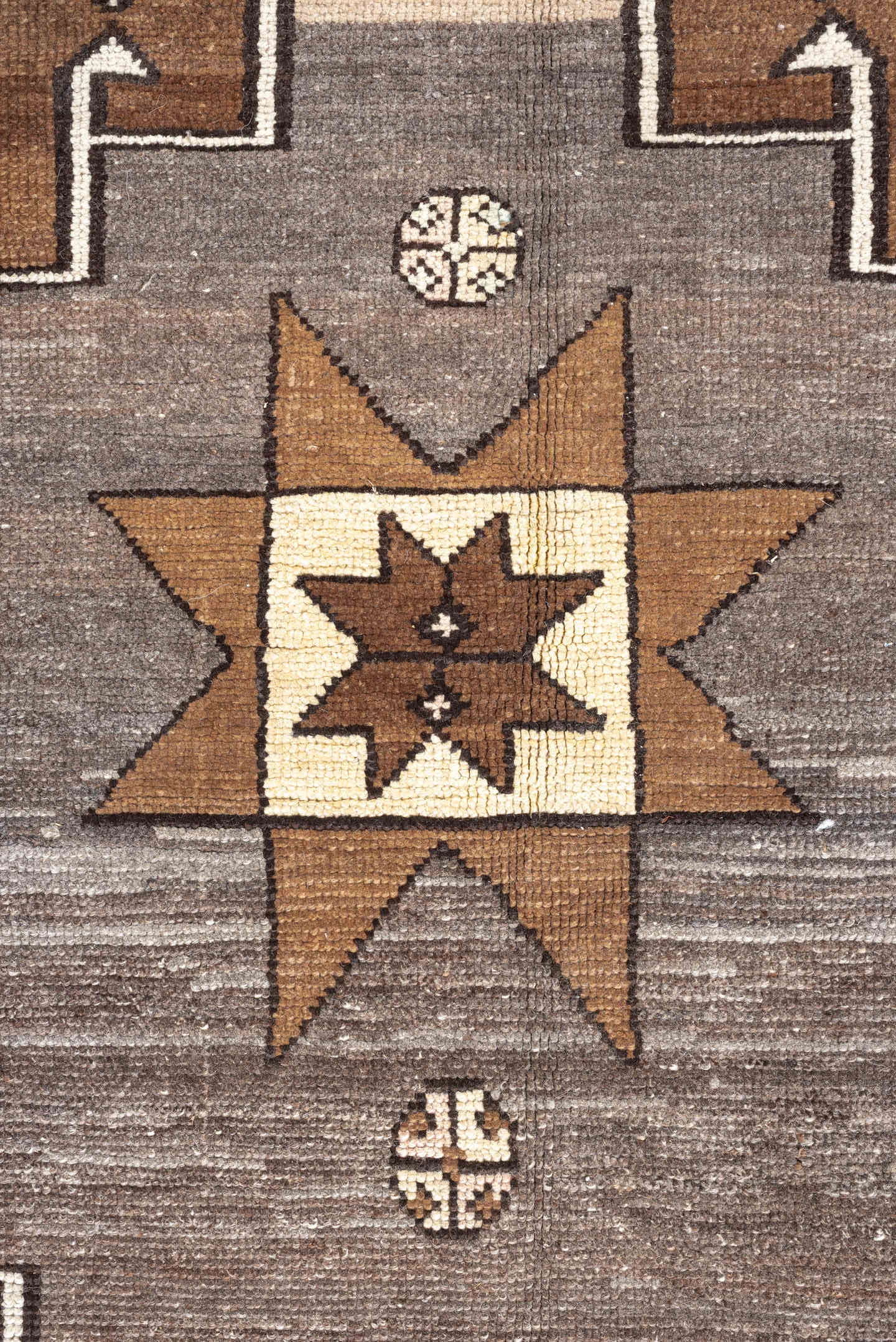 8' x 10' one-of-a-kind handmade antique Kars large size rug. Color palette: camel, ivory, taupe, brown, slate, charcoal