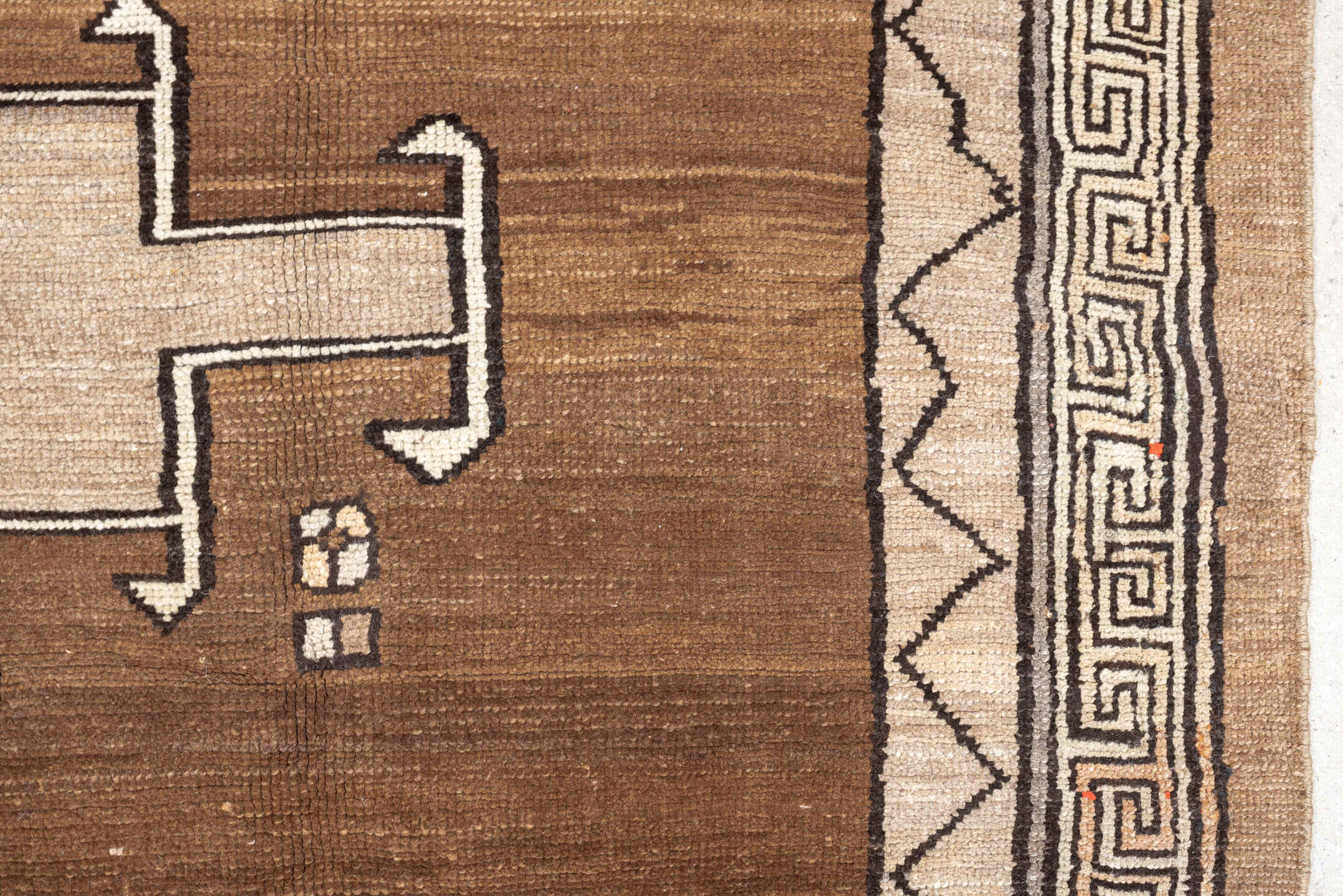 8' x 10' one-of-a-kind handmade antique Kars large size rug. Color palette: camel, ivory, taupe, brown, slate, charcoal