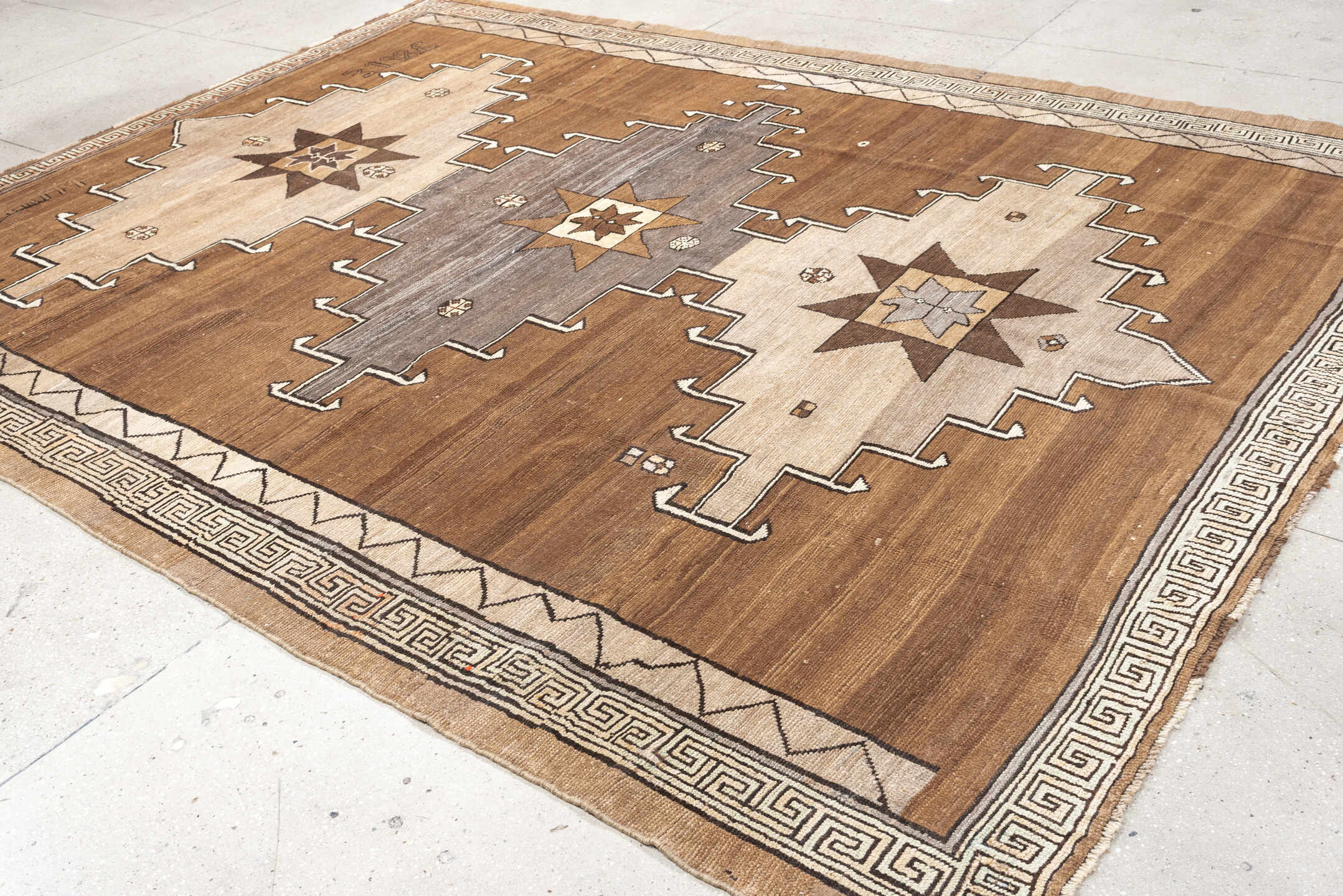 8' x 10' one-of-a-kind handmade antique Kars large size rug. Color palette: camel, ivory, taupe, brown, slate, charcoal