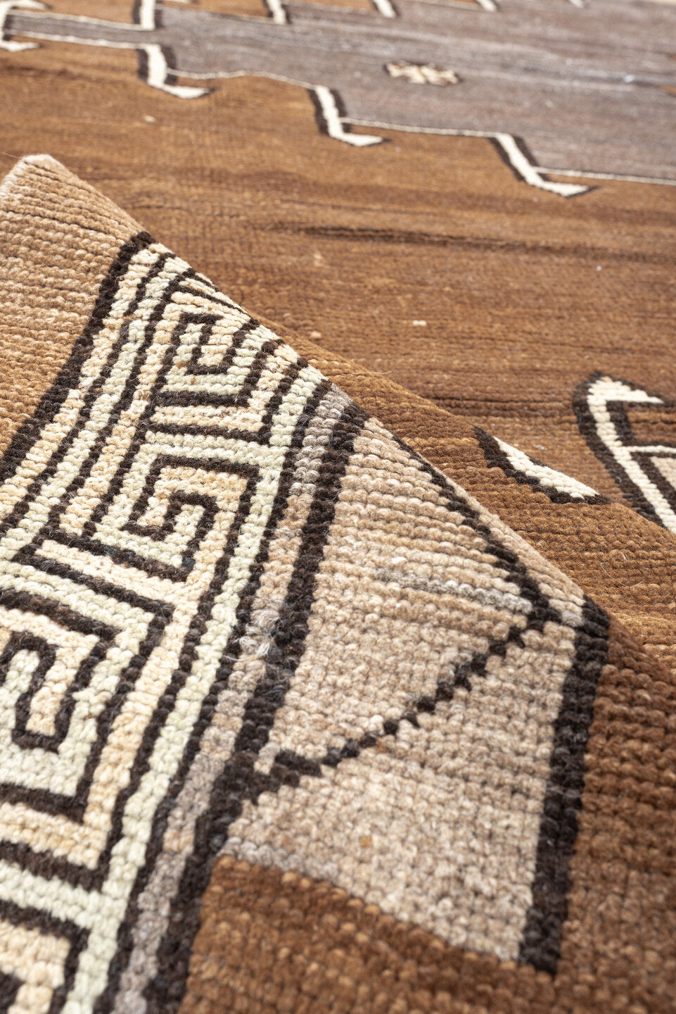 8' x 10' one-of-a-kind handmade antique Kars large size rug. Color palette: camel, ivory, taupe, brown, slate, charcoal