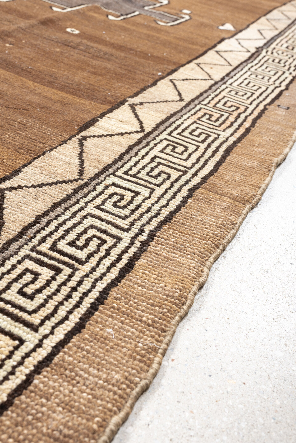 8' x 10' one-of-a-kind handmade antique Kars large size rug. Color palette: camel, ivory, taupe, brown, slate, charcoal