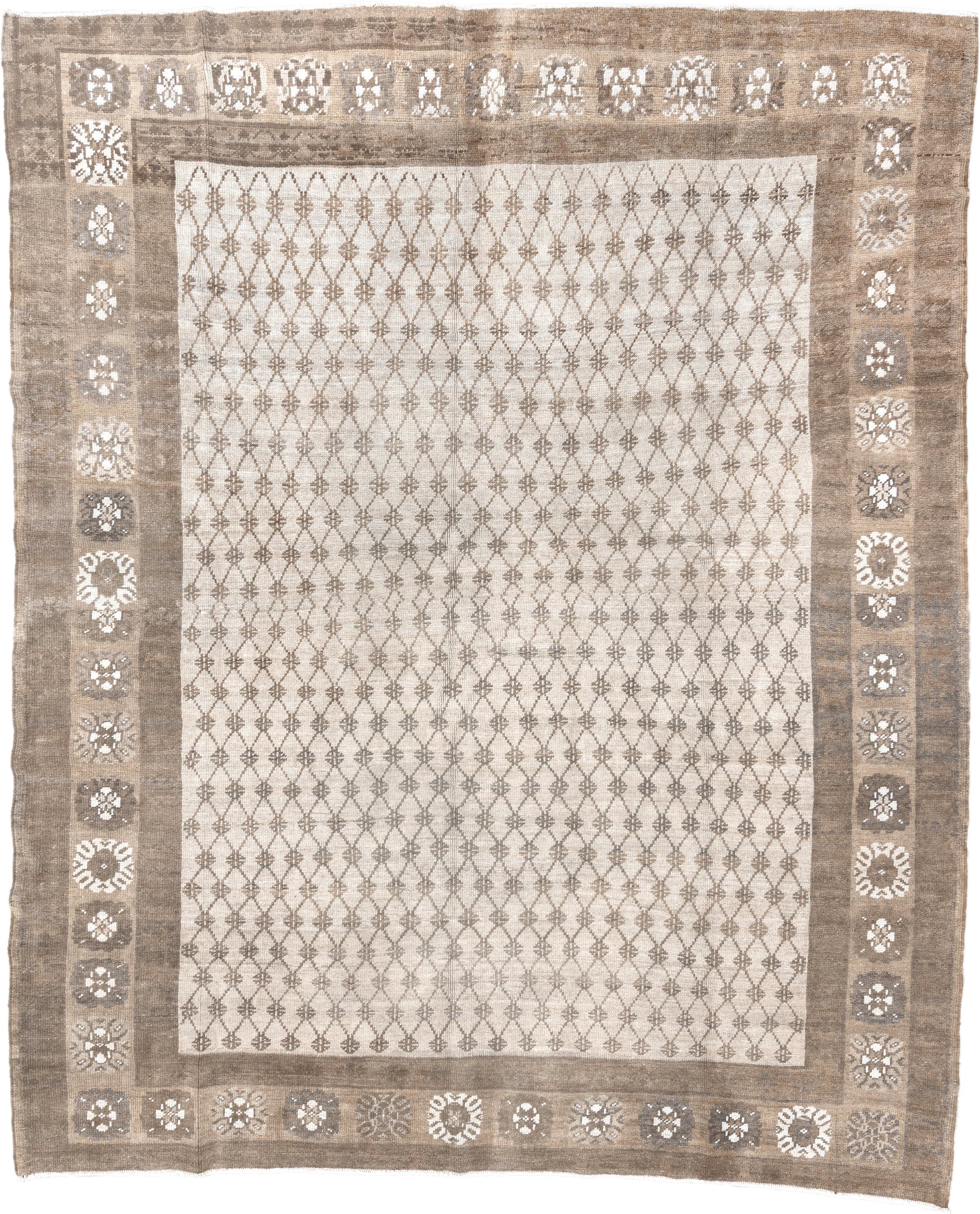 8' x 9' one-of-a-kind handmade antique Kars large size rug. Color palette: taupe, ivory, beige, camel, cream, gray