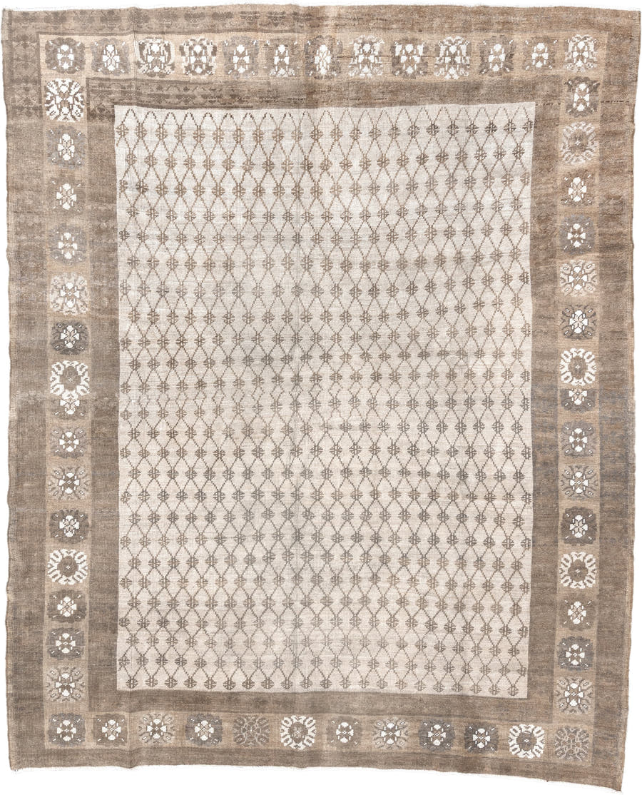 8' x 9' one-of-a-kind handmade antique Kars large size rug. Color palette: taupe, ivory, beige, camel, cream, gray