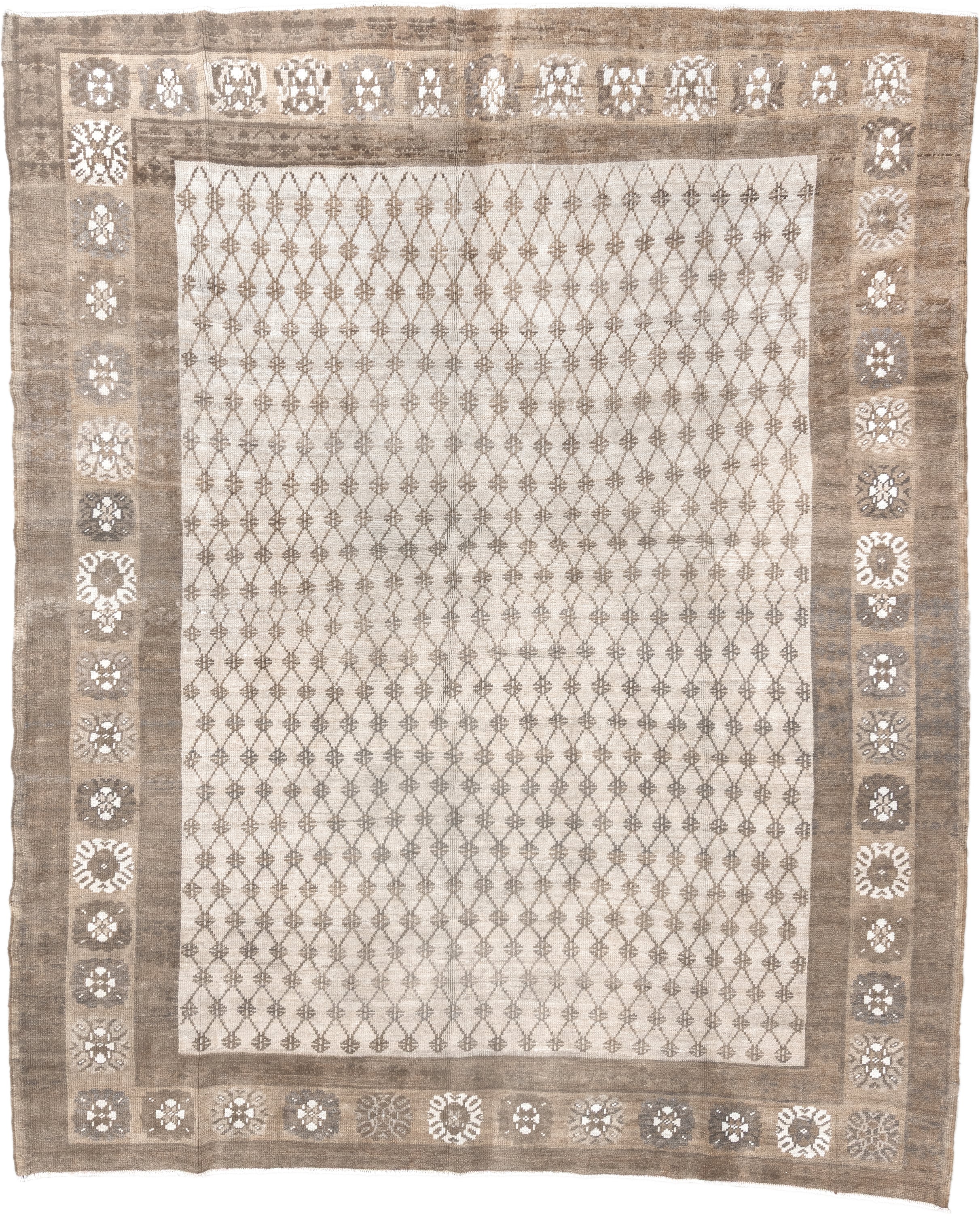 8' x 9' one-of-a-kind handmade antique Kars large size rug. Color palette: taupe, ivory, beige, camel, cream, gray