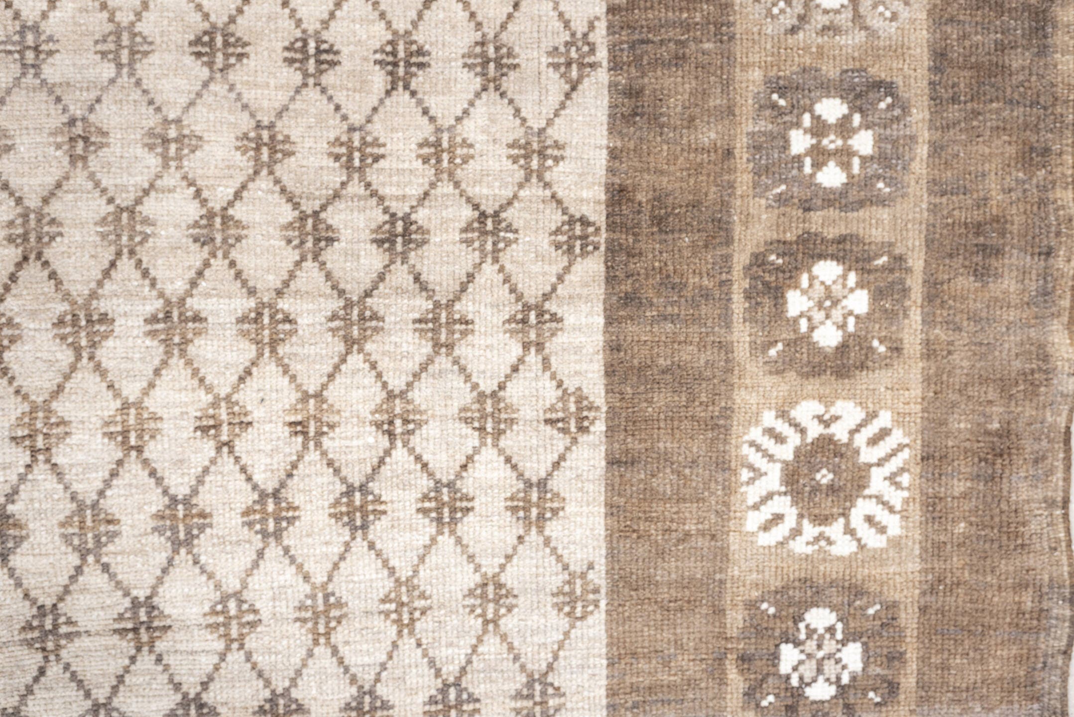 8' x 9' one-of-a-kind handmade antique Kars large size rug. Color palette: taupe, ivory, beige, camel, cream, gray