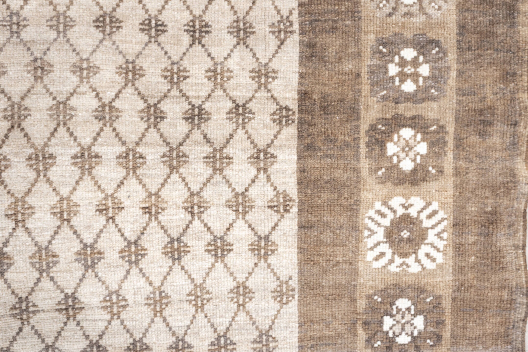 8' x 9' one-of-a-kind handmade antique Kars large size rug. Color palette: taupe, ivory, beige, camel, cream, gray