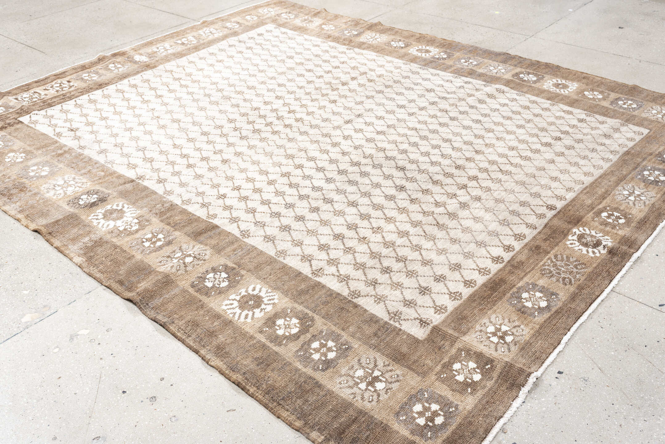 8' x 9' one-of-a-kind handmade antique Kars large size rug. Color palette: taupe, ivory, beige, camel, cream, gray