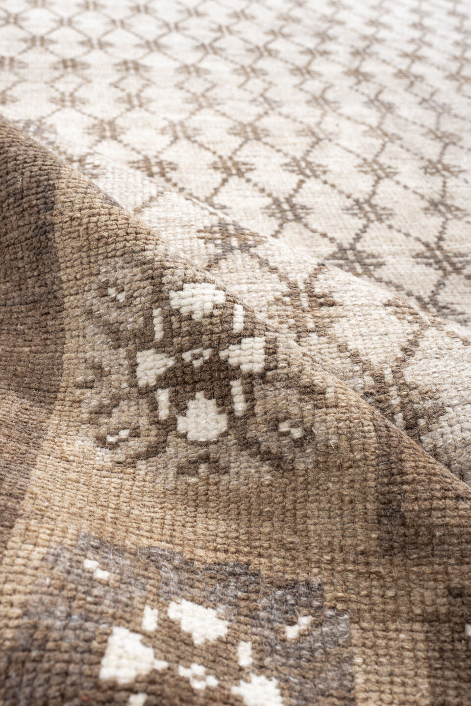 8' x 9' one-of-a-kind handmade antique Kars large size rug. Color palette: taupe, ivory, beige, camel, cream, gray