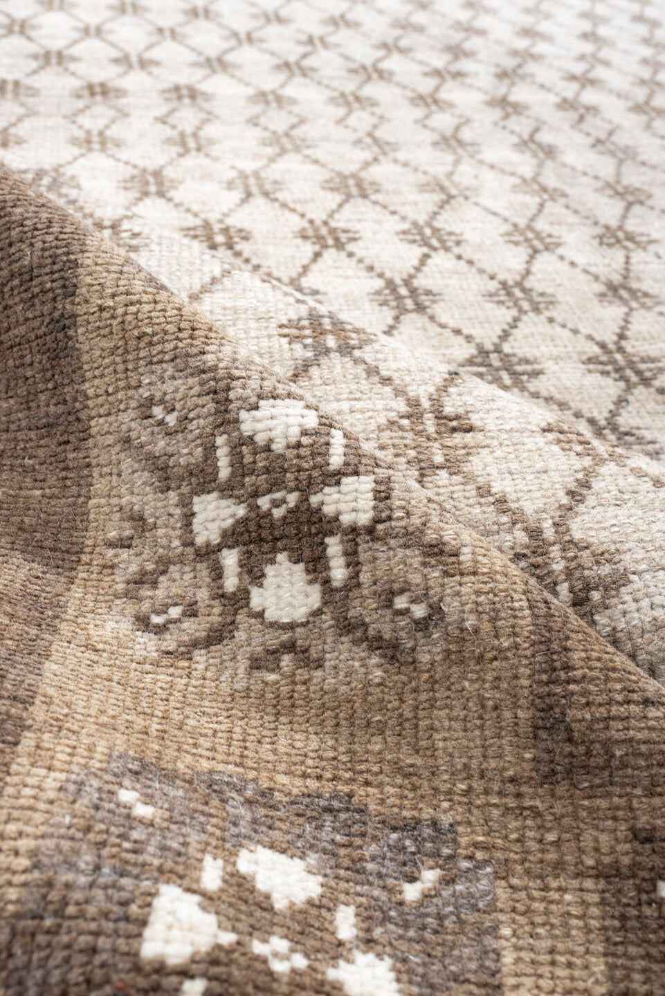 8' x 9' one-of-a-kind handmade antique Kars large size rug. Color palette: taupe, ivory, beige, camel, cream, gray