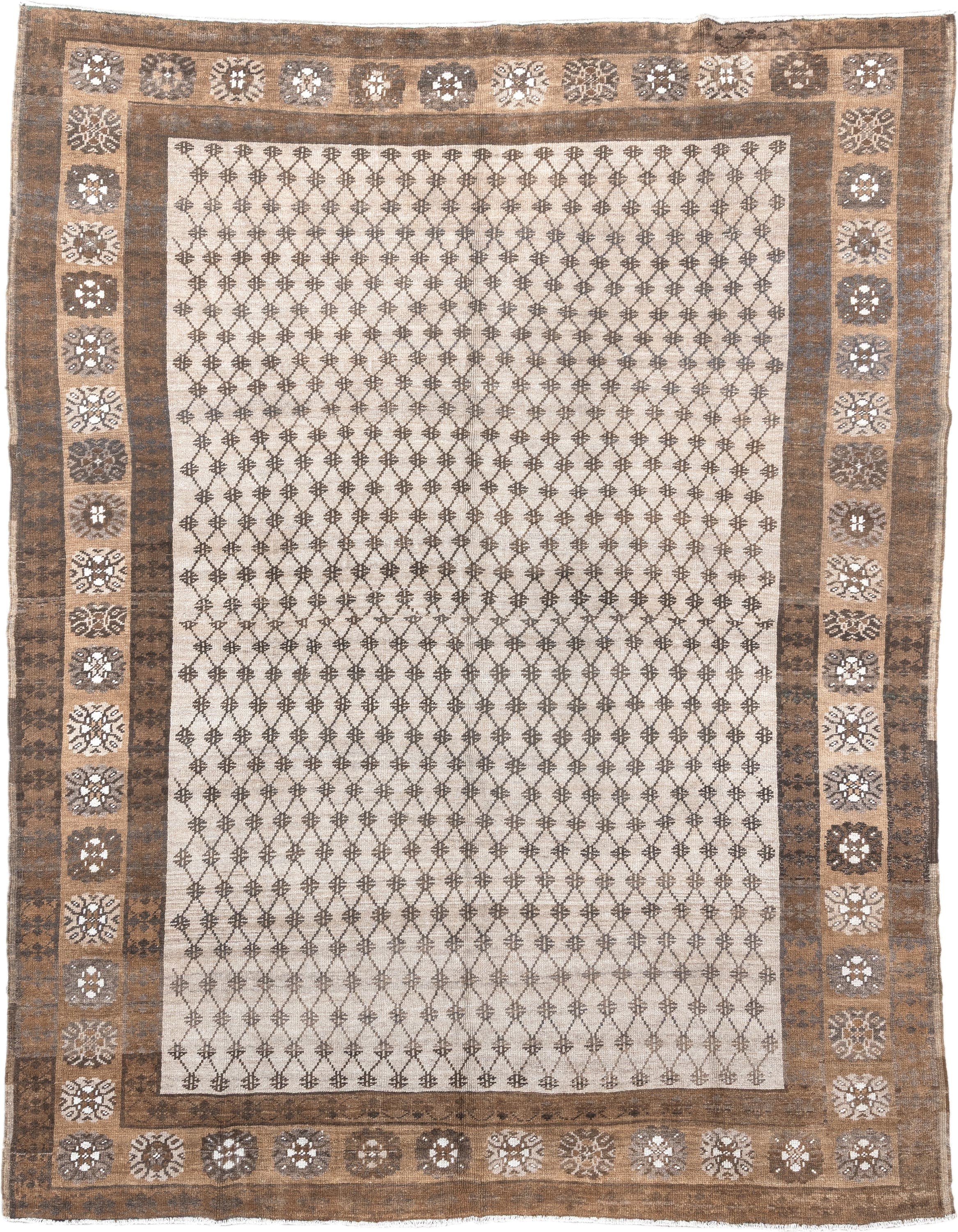 8' x 10' one-of-a-kind handmade antique Kars large size rug. Color palette: ivory, taupe, brown, camel, charcoal, beige