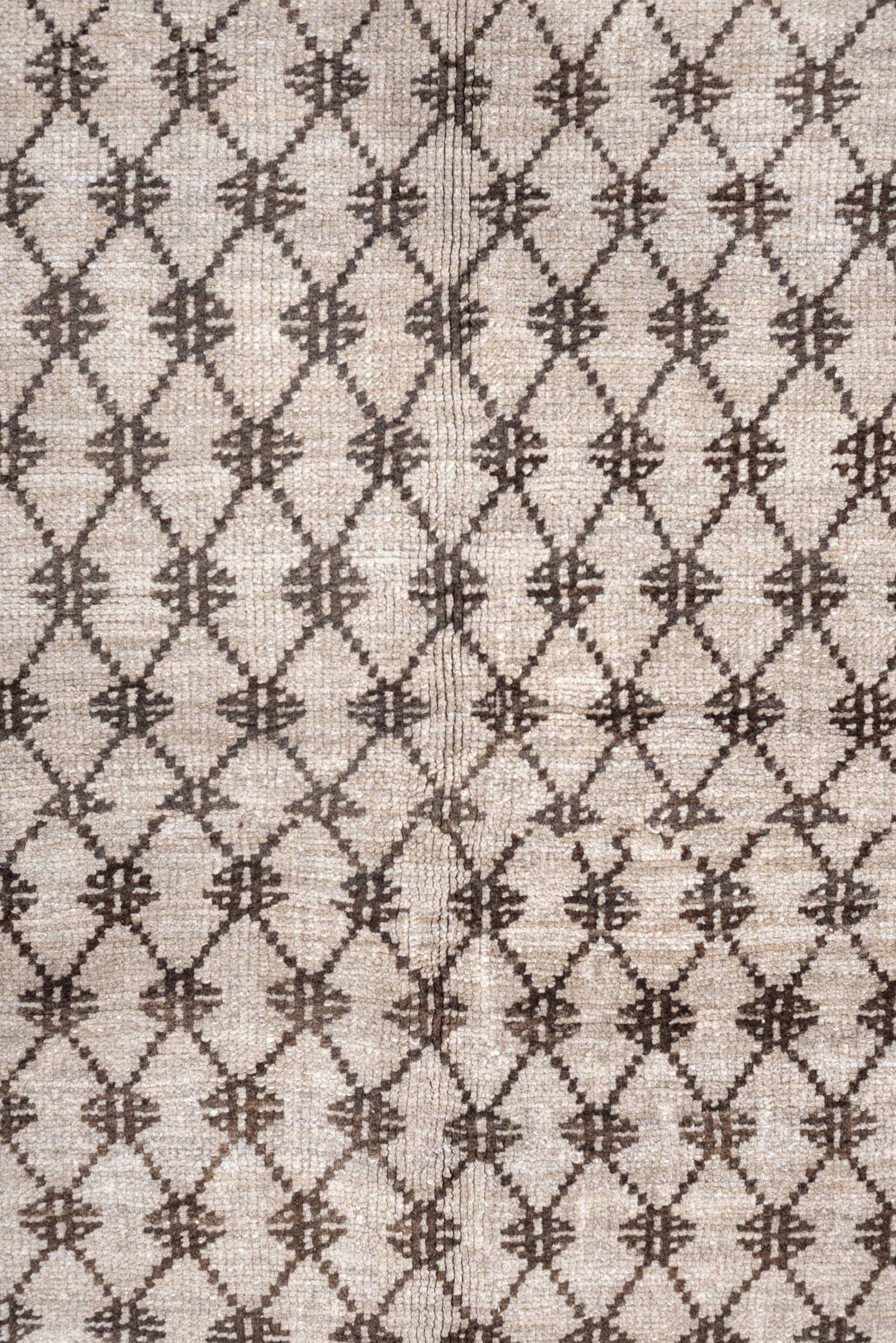 8' x 10' one-of-a-kind handmade antique Kars large size rug. Color palette: ivory, taupe, brown, camel, charcoal, beige