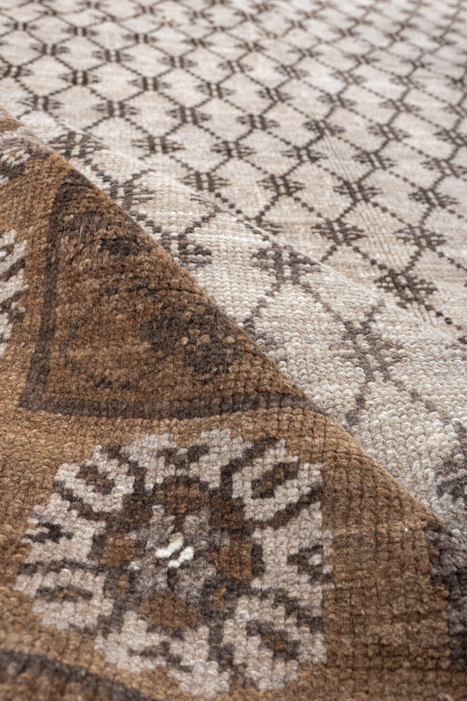 8' x 10' one-of-a-kind handmade antique Kars large size rug. Color palette: ivory, taupe, brown, camel, charcoal, beige