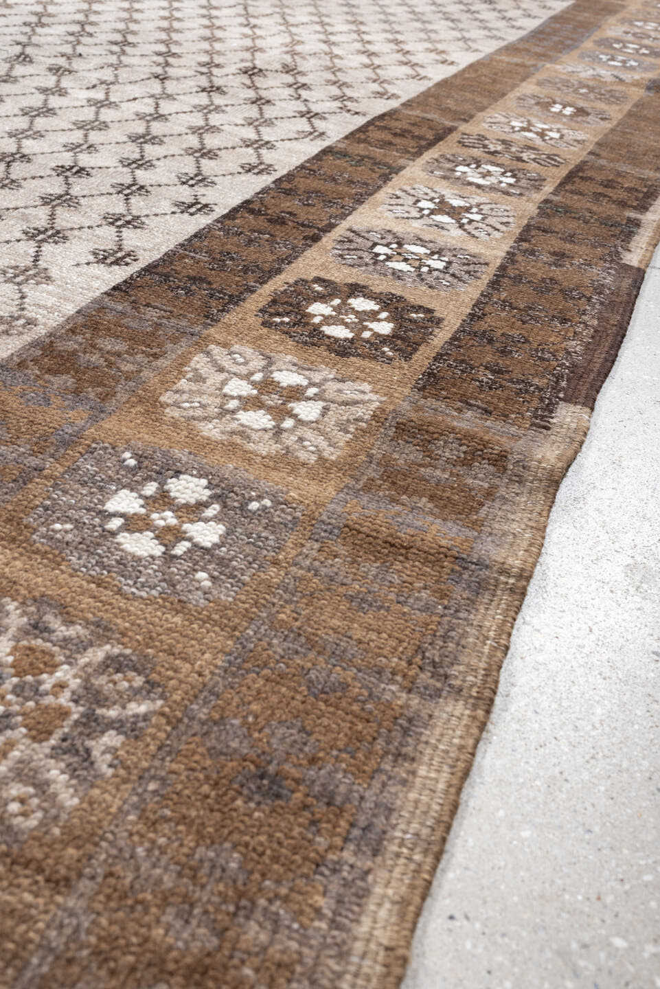 8' x 10' one-of-a-kind handmade antique Kars large size rug. Color palette: ivory, taupe, brown, camel, charcoal, beige