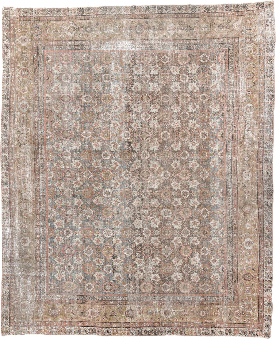 12' x 13' one-of-a-kind handmade antique Mahal oversize rug. Color palette: taupe, sage, ivory, rose, dusty blue, beige