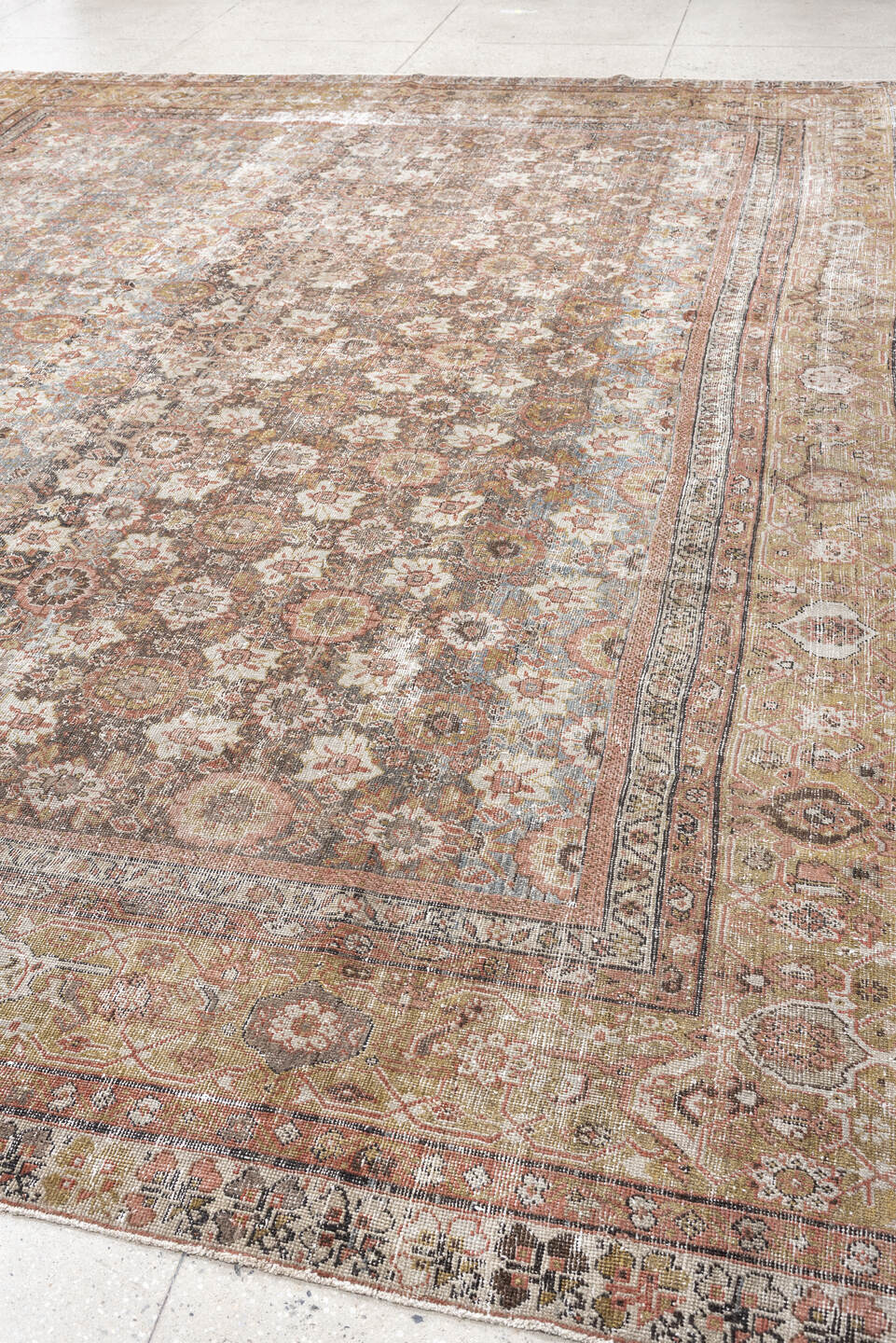 12' x 13' one-of-a-kind handmade antique Mahal oversize rug. Color palette: taupe, sage, ivory, rose, dusty blue, beige