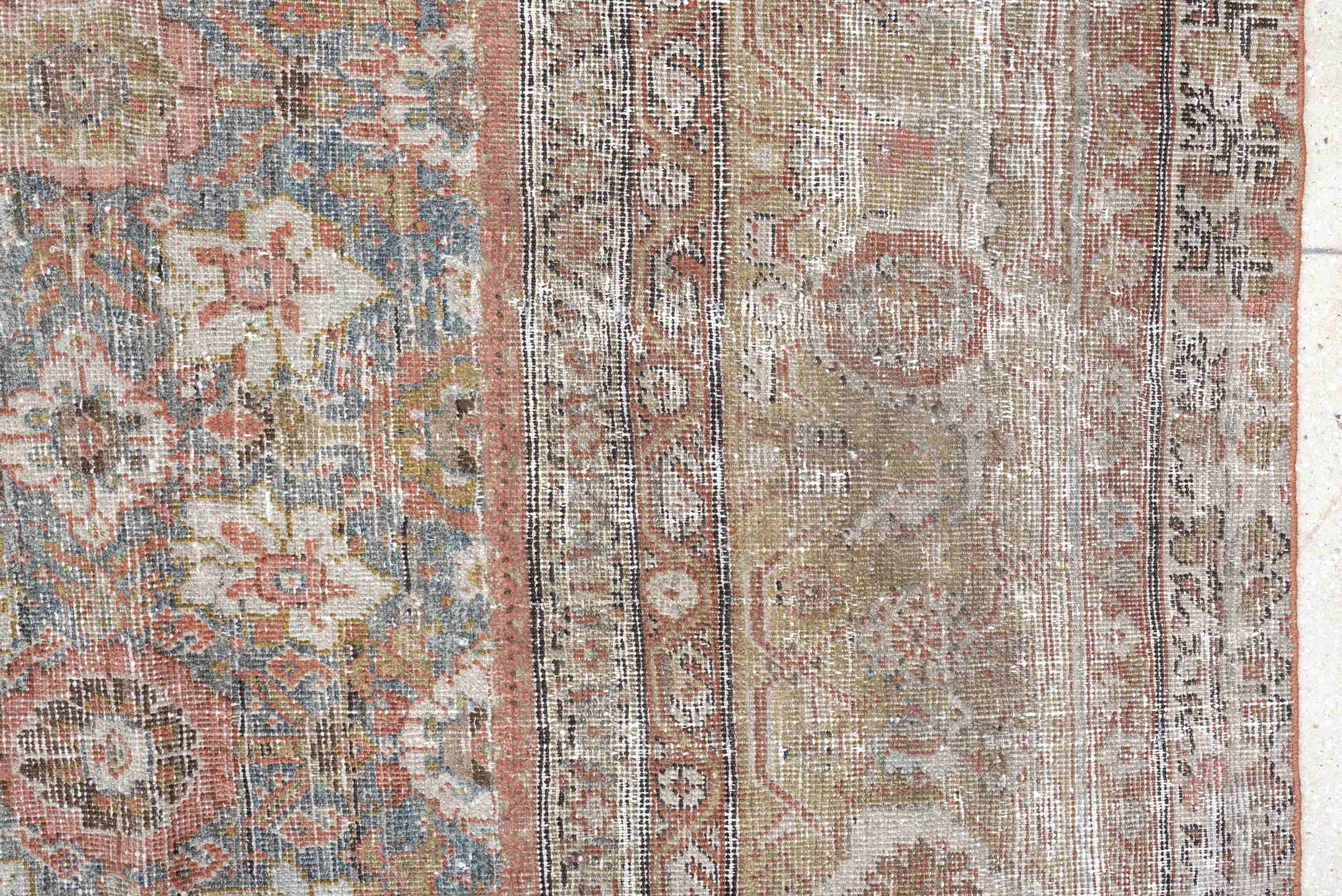 12' x 13' one-of-a-kind handmade antique Mahal oversize rug. Color palette: taupe, sage, ivory, rose, dusty blue, beige