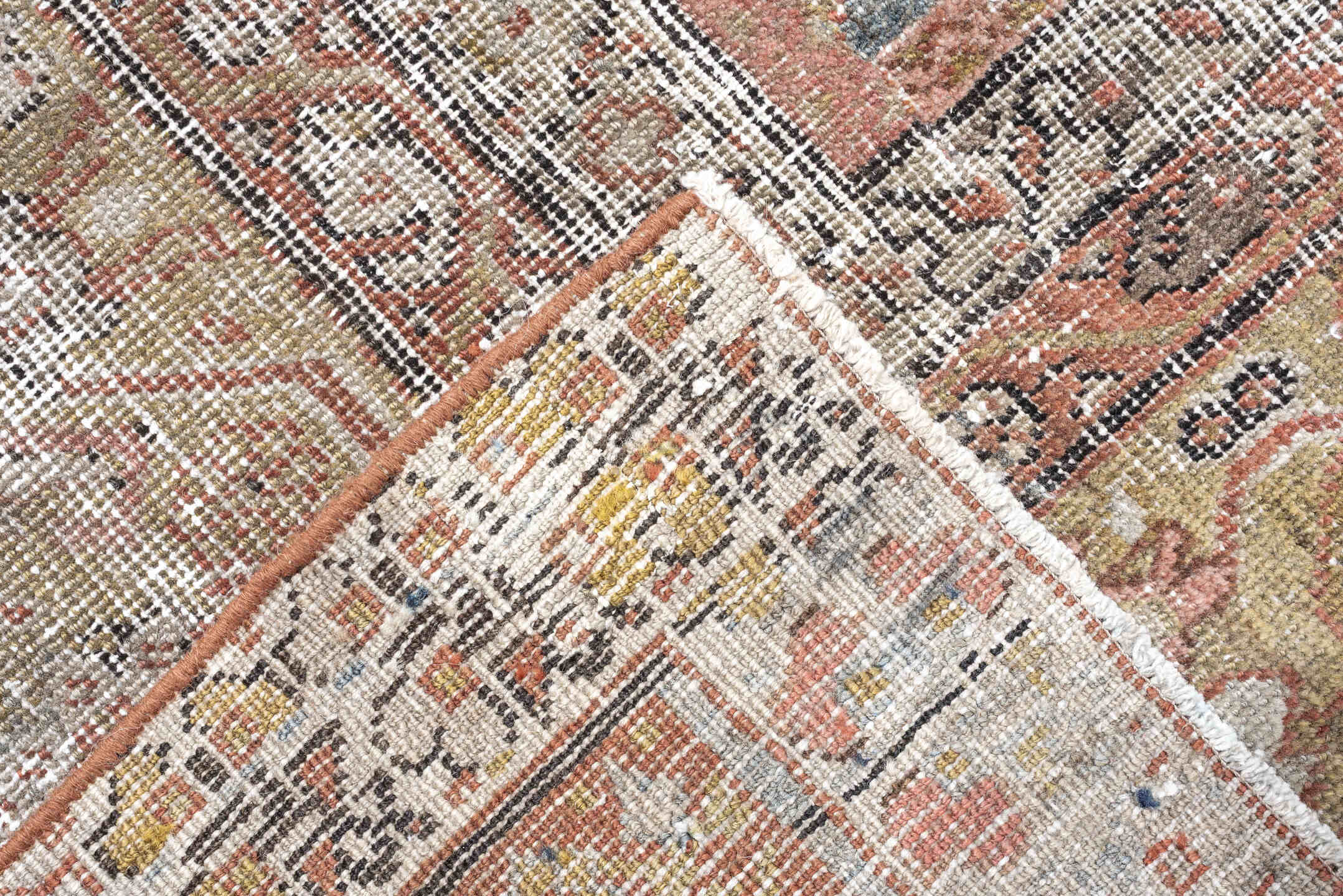 12' x 13' one-of-a-kind handmade antique Mahal oversize rug. Color palette: taupe, sage, ivory, rose, dusty blue, beige