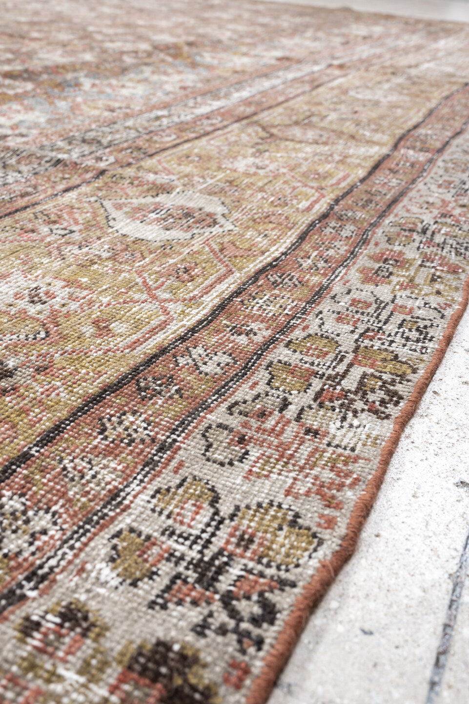 12' x 13' one-of-a-kind handmade antique Mahal oversize rug. Color palette: taupe, sage, ivory, rose, dusty blue, beige