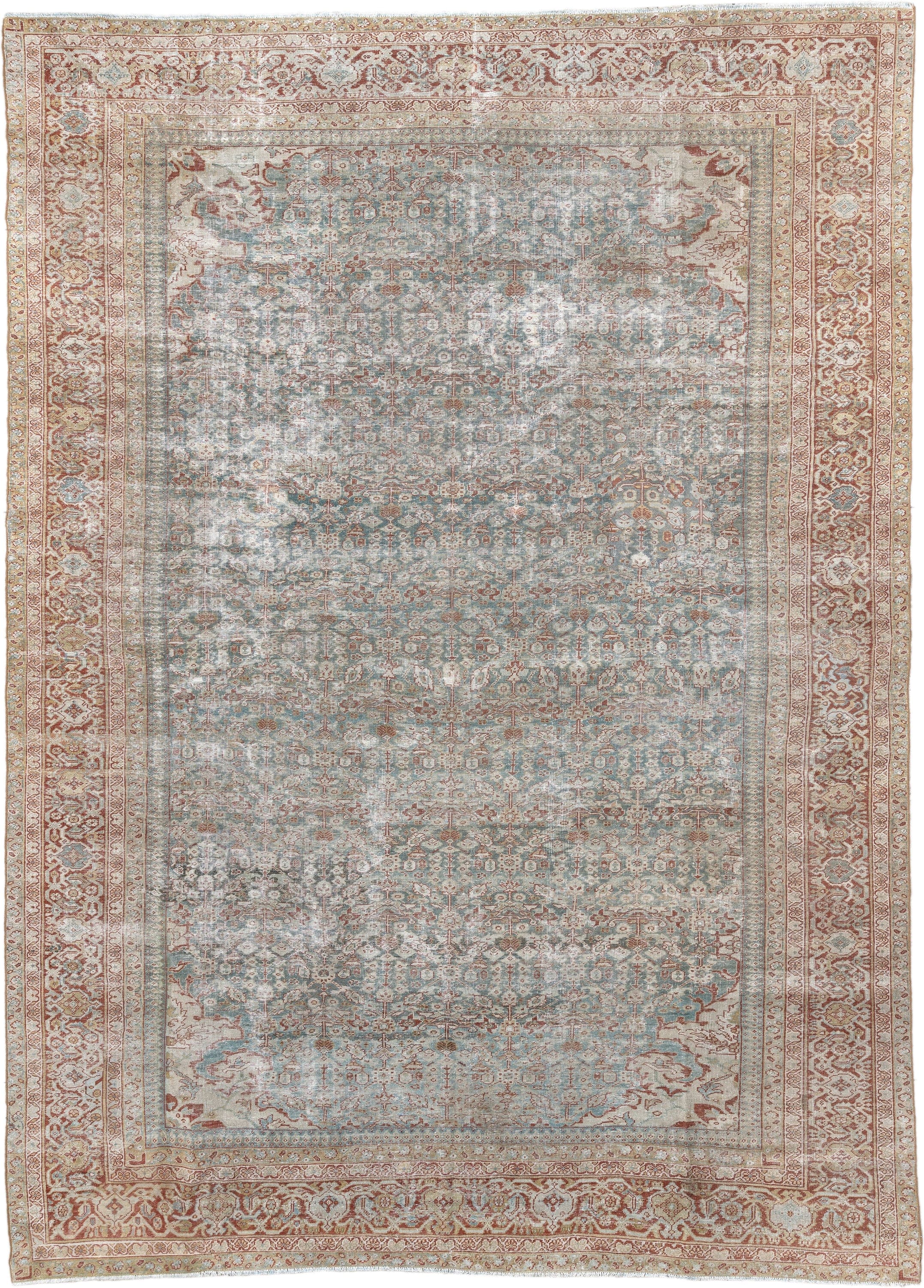 10' x 14' one-of-a-kind handmade antique Mahal large size rug. Color palette: pale blue, rust, ivory, beige, taupe, camel