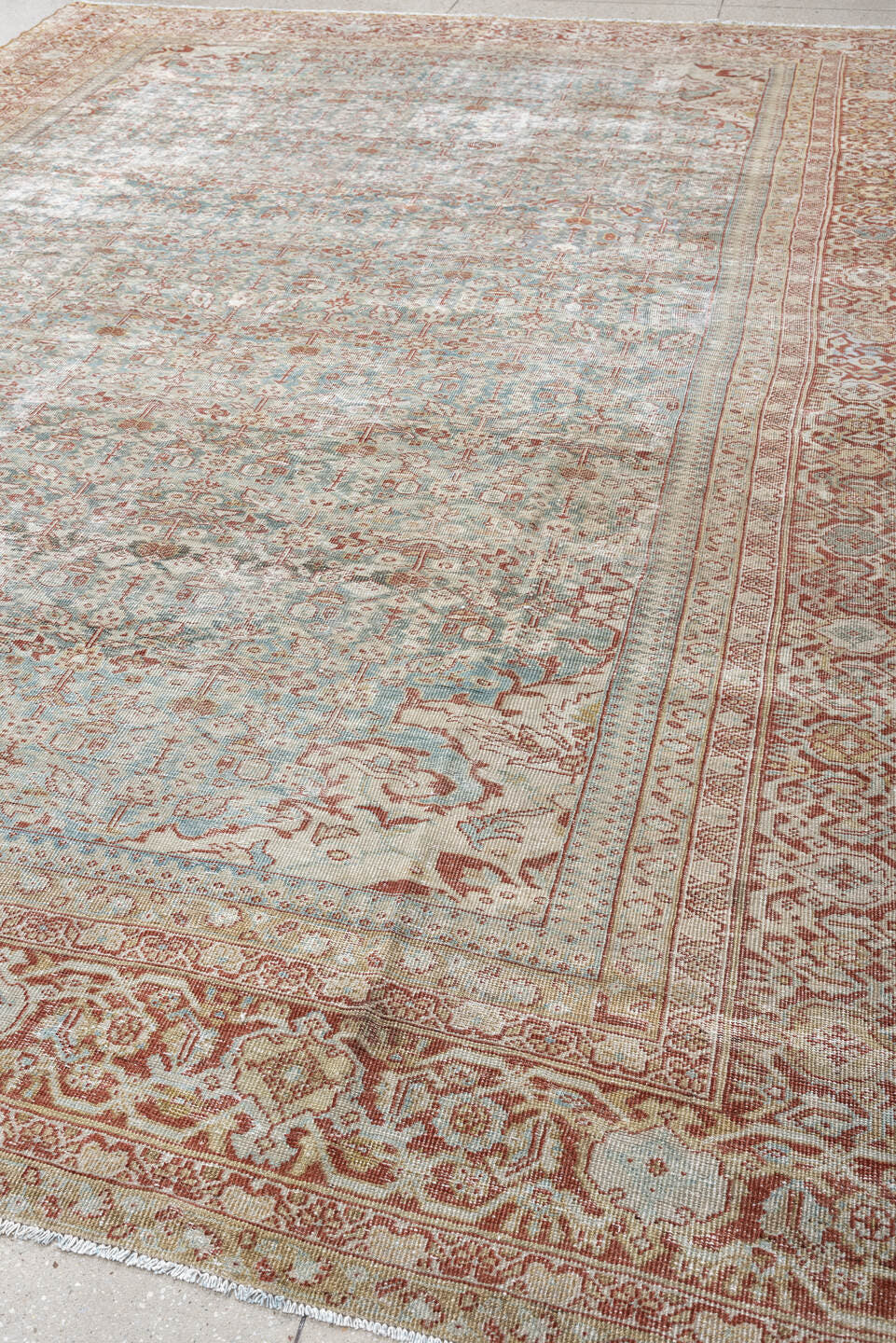10' x 14' one-of-a-kind handmade antique Mahal large size rug. Color palette: pale blue, rust, ivory, beige, taupe, camel