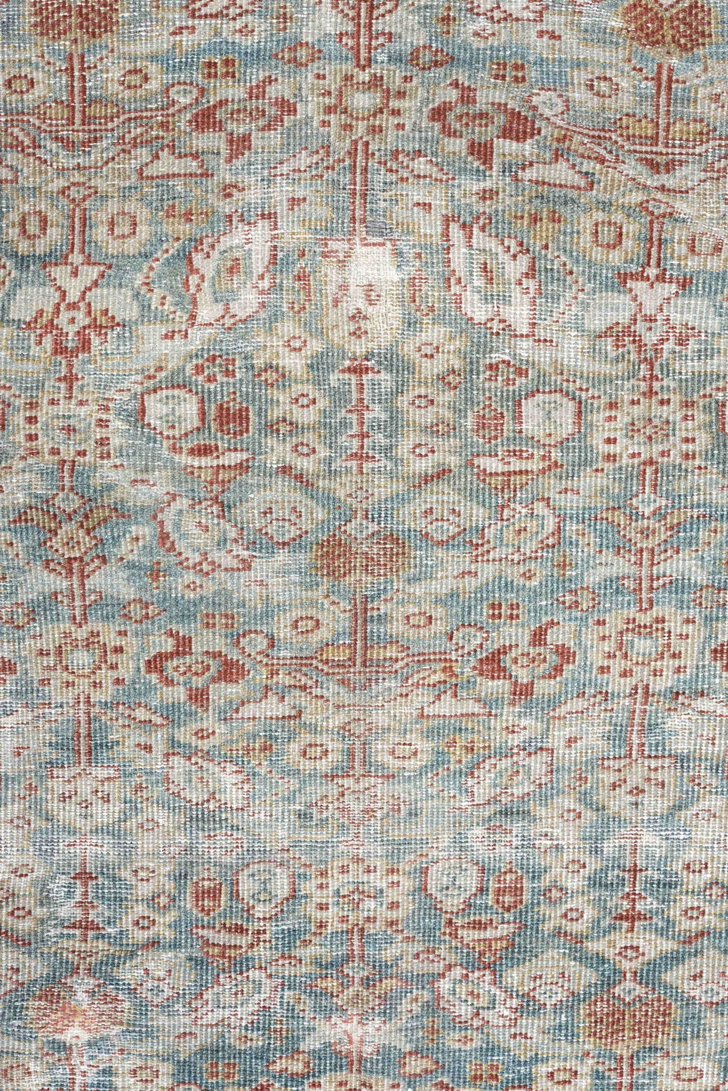10' x 14' one-of-a-kind handmade antique Mahal large size rug. Color palette: pale blue, rust, ivory, beige, taupe, camel